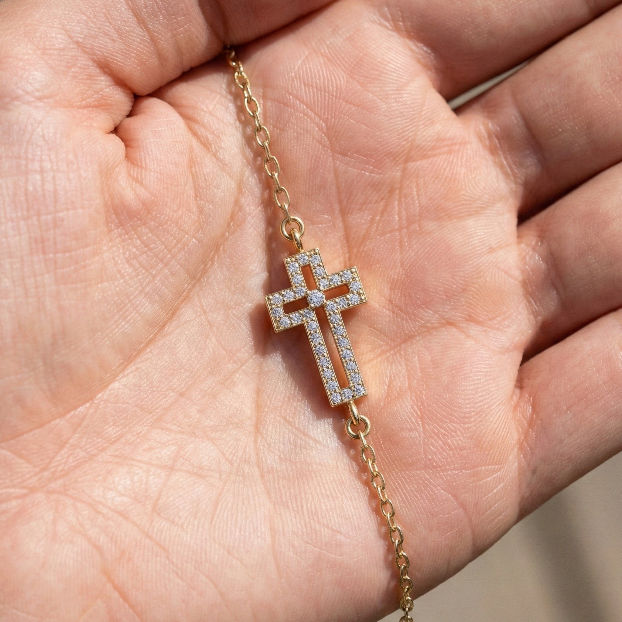 Dainty open cross bar Chain bracelet in 14K Solid Gold, 0.15 TCW Round Cut Lab Created Diamonds, Minimalist Bracelet, Wedding Gift for Her