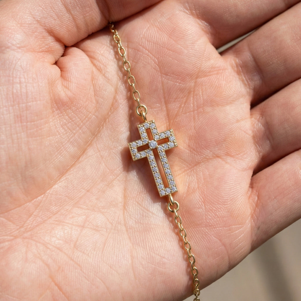 Dainty open cross bar Chain bracelet in 14K Solid Gold, 0.15 TCW Round Cut Lab Created Diamonds, Minimalist Bracelet, Wedding Gift for Her