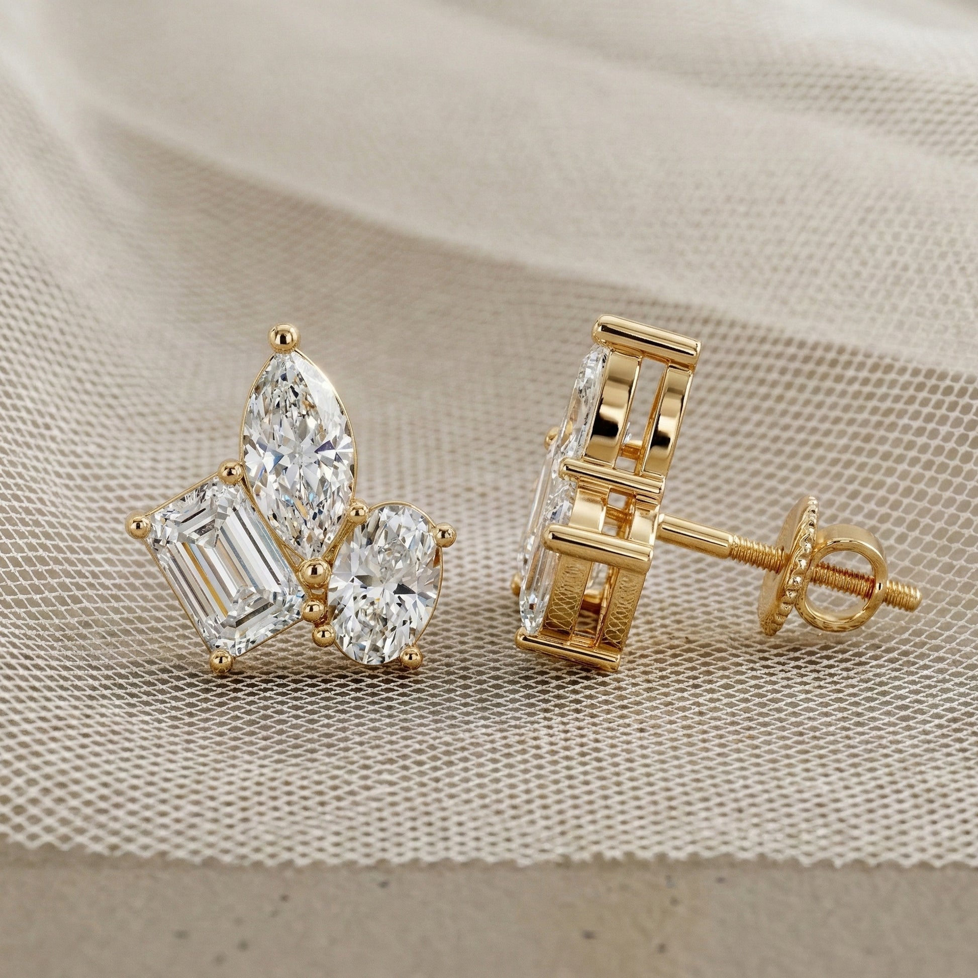 Three Stone Cluster Wedding Earrings in 14k Solid Gold, 3.00 TCW Marquise/Oval/Emerald Cut Lab Grown Diamonds, Trio Stud Earrings For Women, Anniversary Gift