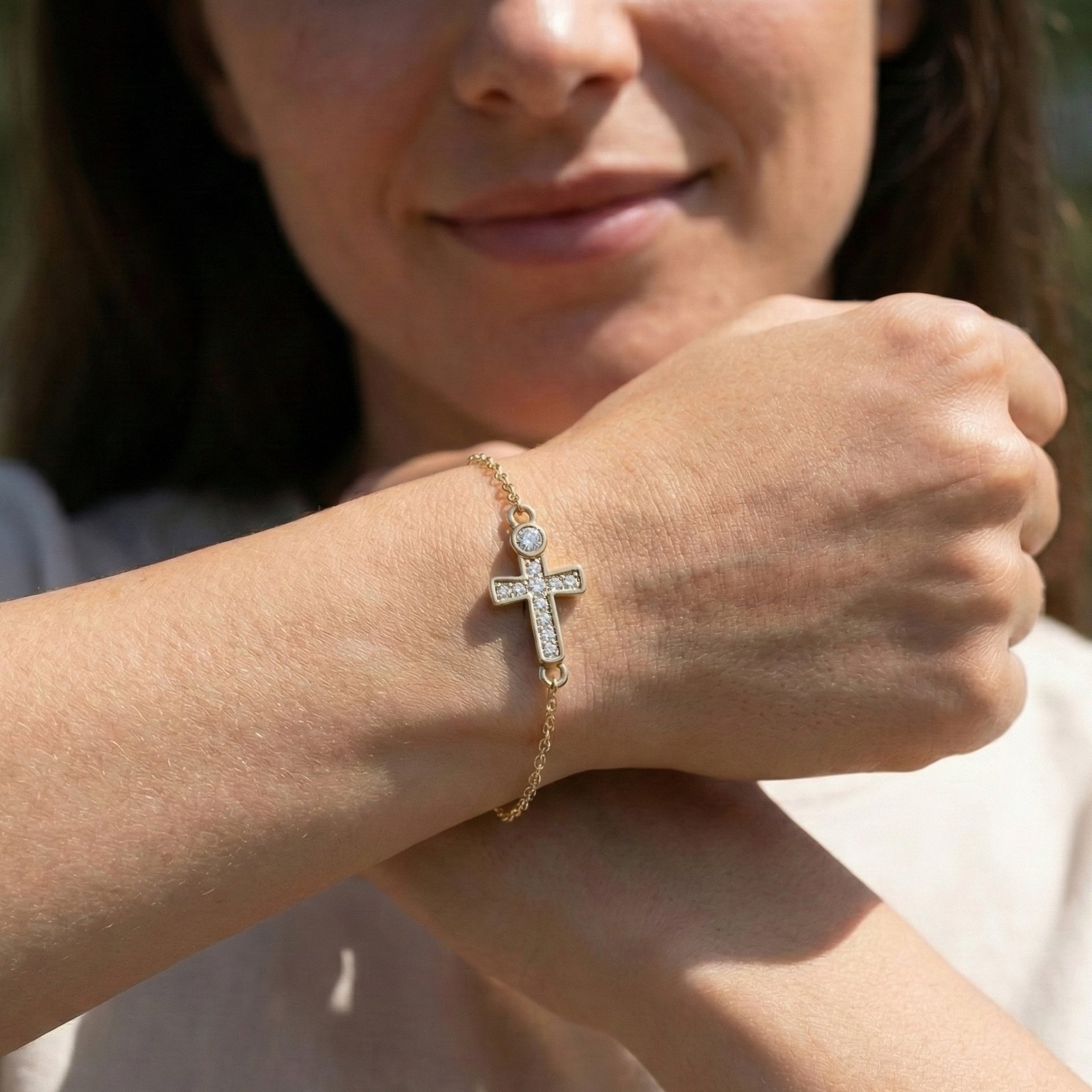 Sparkling Bezel and Cross Chain Bracelet in 14K Solid Gold, 0.13 TCW Round Cut Lab Created Diamonds, Birthday Gift For Her, Faith Jewelry