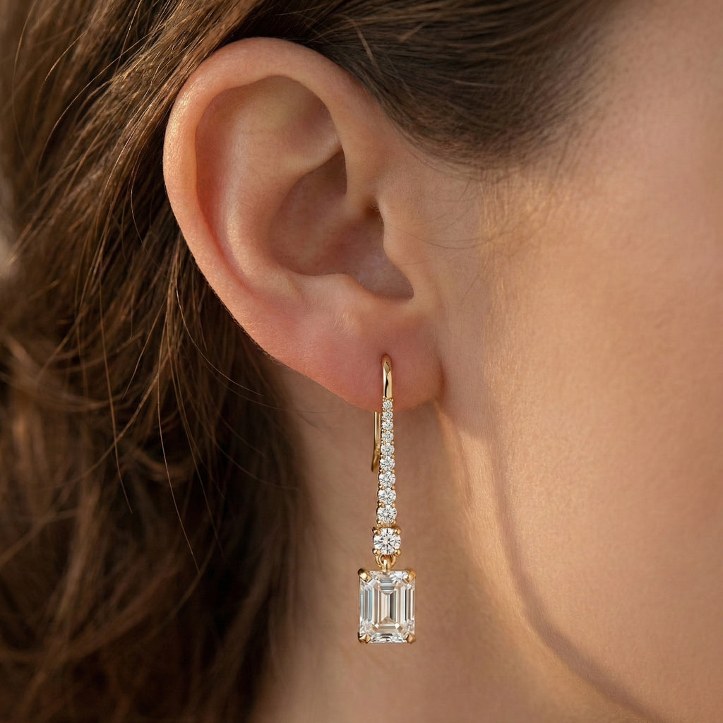 Emerald-Cut Drop with Pavé Bar & Round Accent Wedding Earrings in Lab Diamond – 14k Solid Gold, Everyday Jewelry, Birthday Gift for Women
