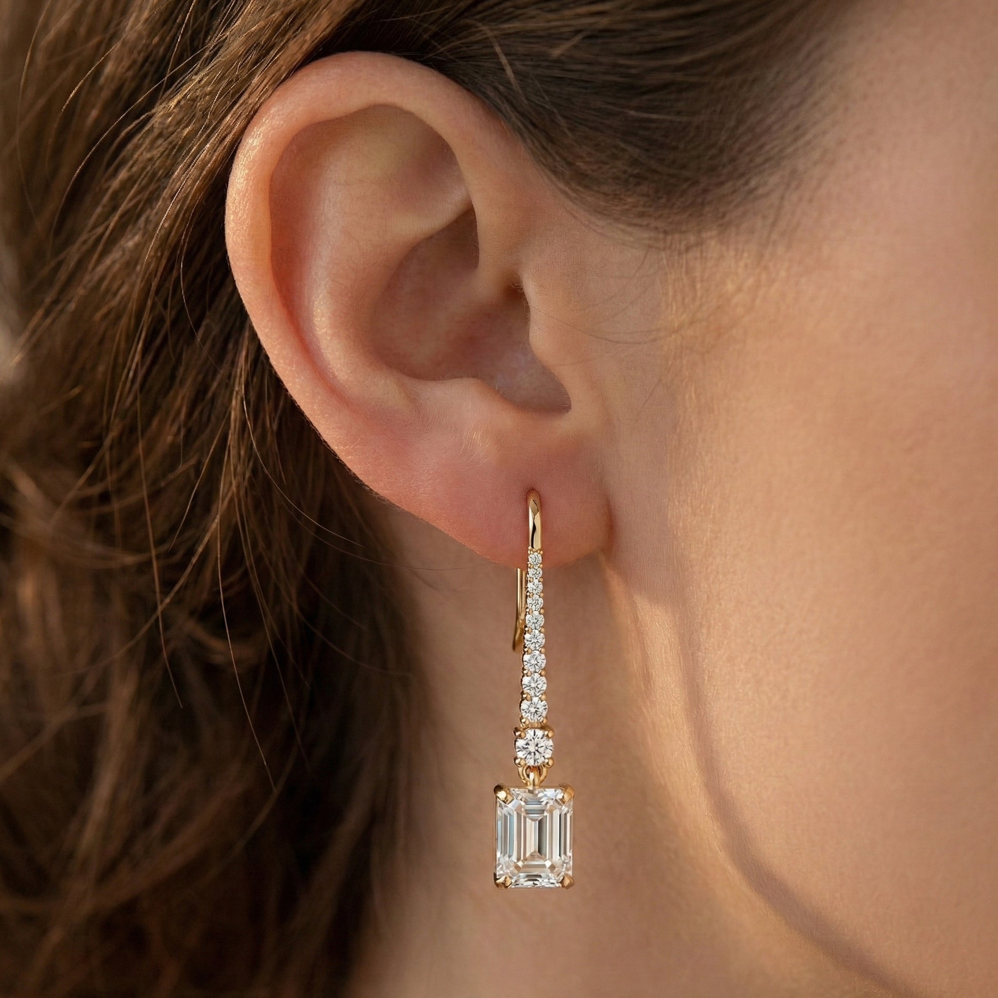 Emerald-Cut Drop with Pavé Bar & Round Accent Wedding Earrings in Lab Diamond – 14k Solid Gold, Everyday Jewelry, Birthday Gift for Women