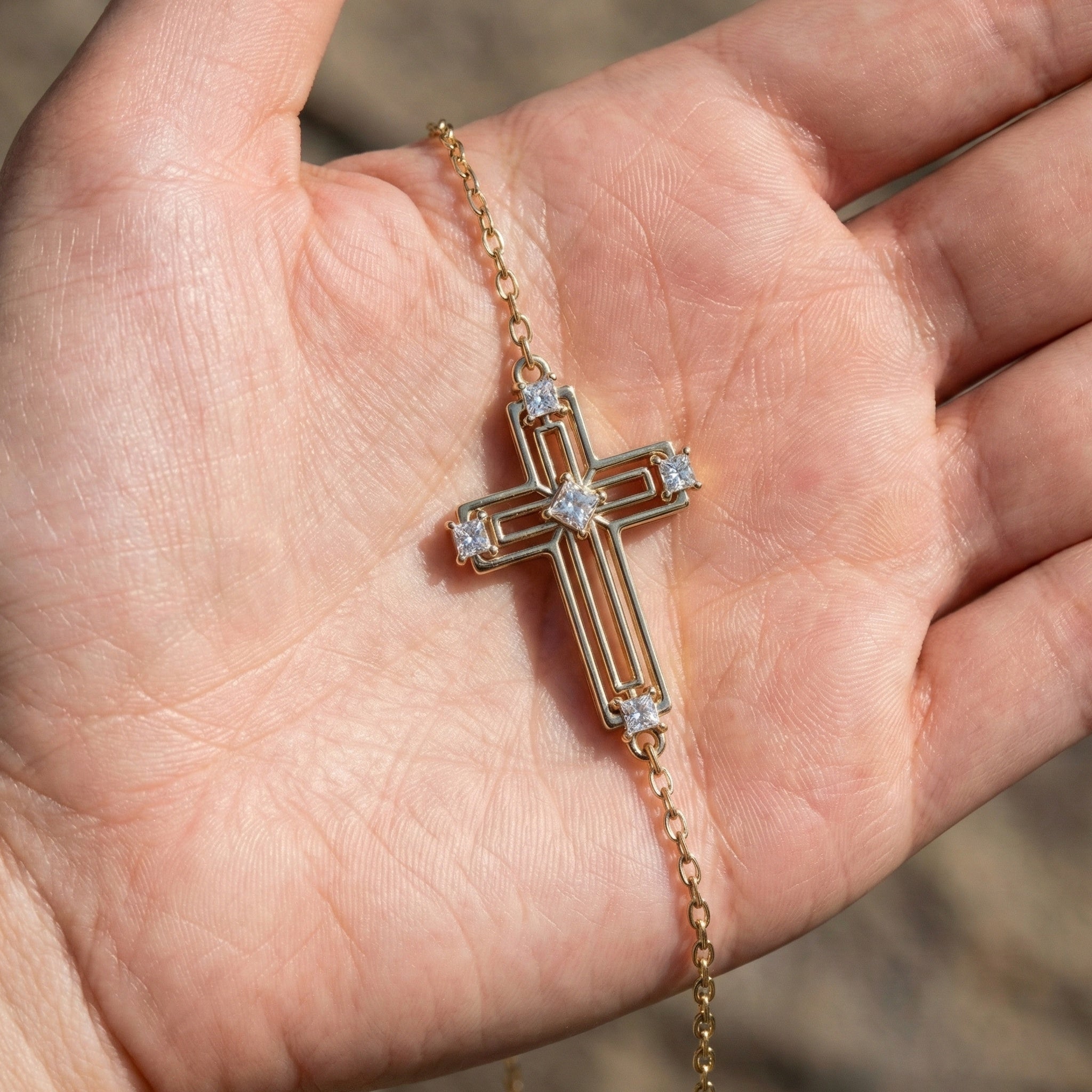 Open Work Cross Chain Bracelet in 14K Solid Gold, 0.32 TCW Princess Cut Lab Created Diamonds, Faith Jewelry, Anniversary Gift for Her, Everyday Bracelet