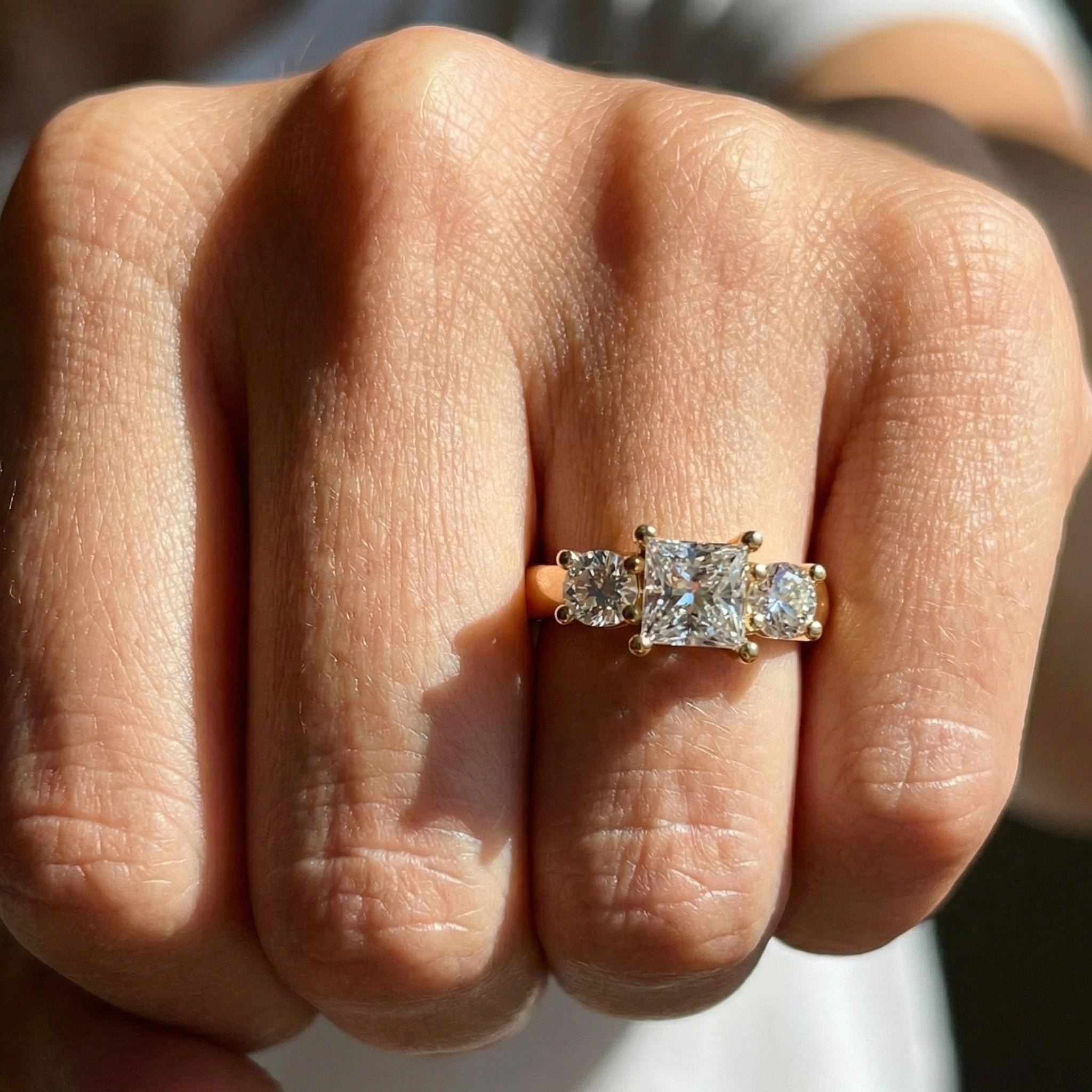 Princess and Round Trio Stone Engagement Ring in 18K Solid Gold, Handmade Jewelry Gift for Wife, Wedding Gift