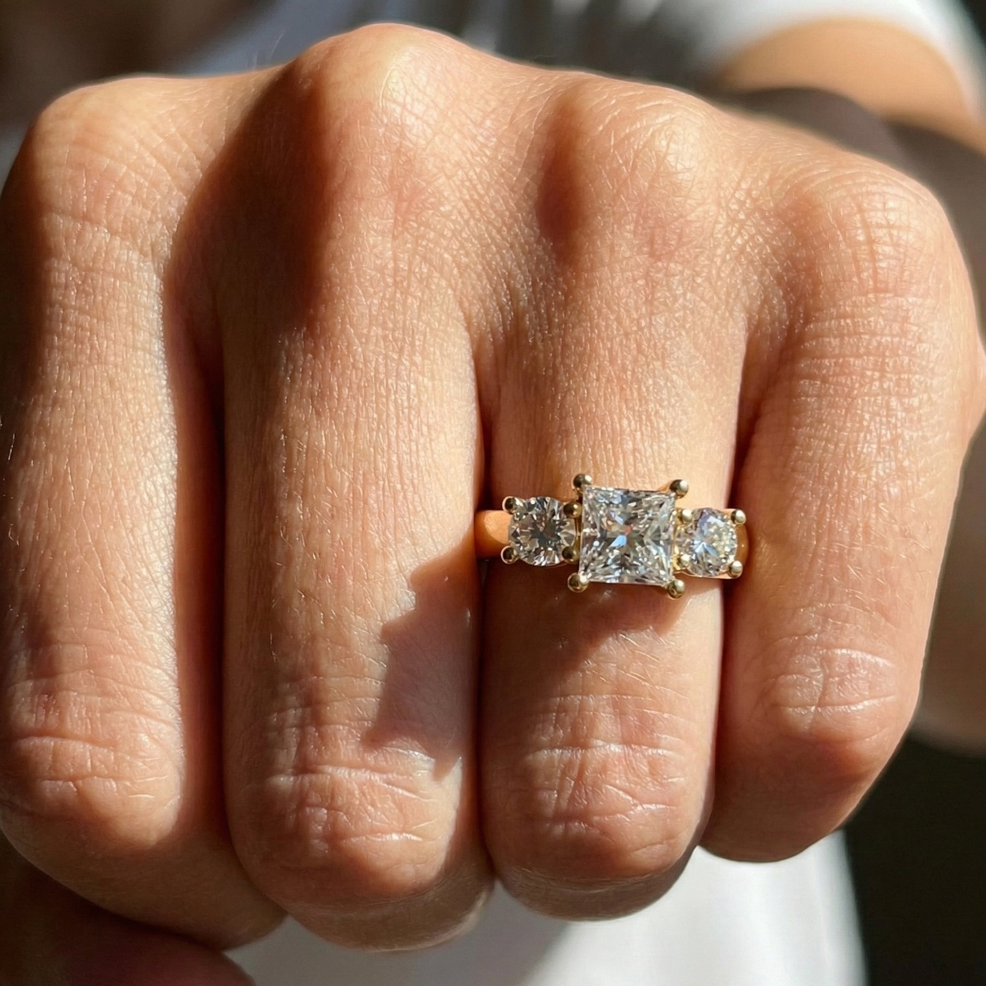 Princess and Round Trio Stone Engagement Ring in 18K Solid Gold, Handmade Jewelry Gift for Wife, Wedding Gift