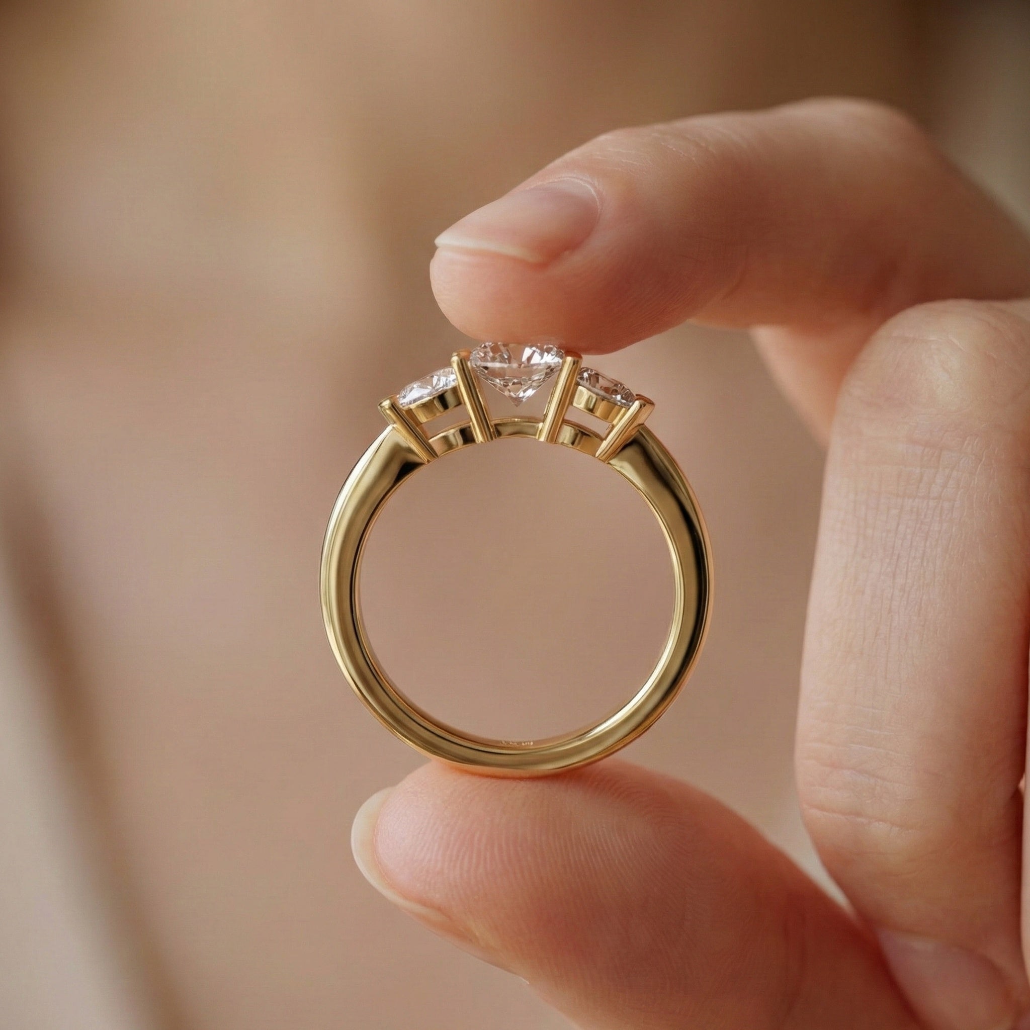 Elegant Three Stone Engagement Ring in 14K Yellow Gold, 1.05 TCW Pear/Round Cut Lab Grown Diamonds, Antique Simple Ring, Anniversary Gift For Her