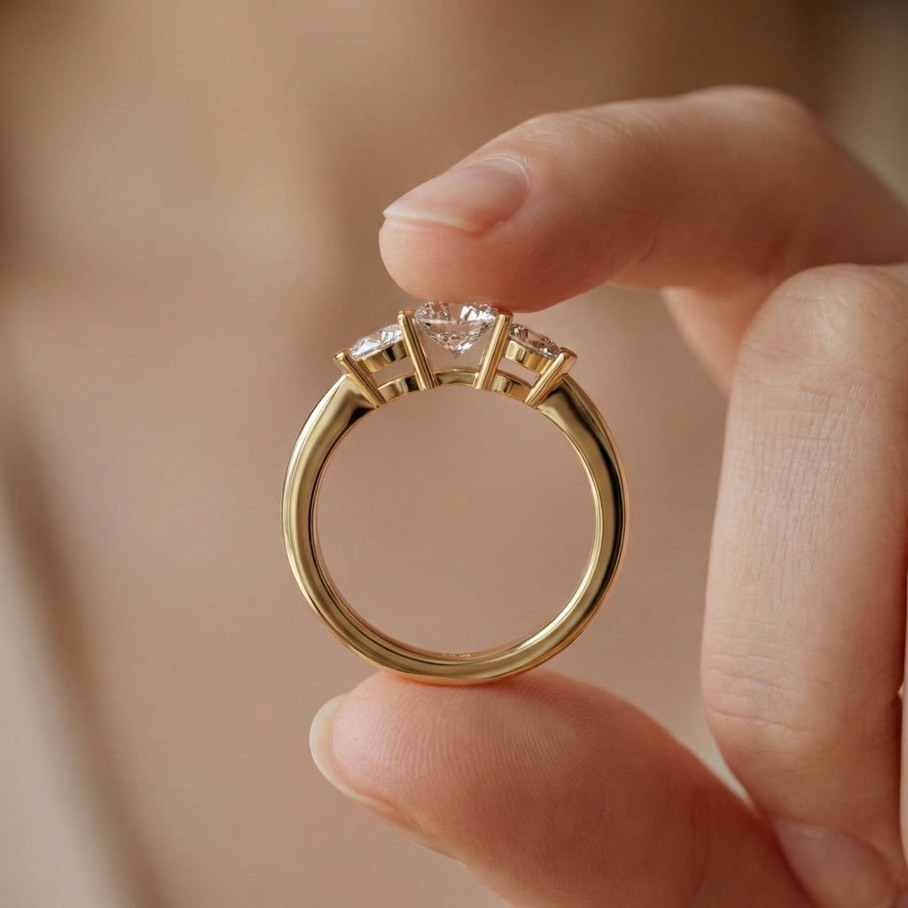 Elegant Three Stone Engagement Ring in 14K Yellow Gold, 1.05 TCW Pear/Round Cut Lab Grown Diamonds, Antique Simple Ring, Anniversary Gift For Her