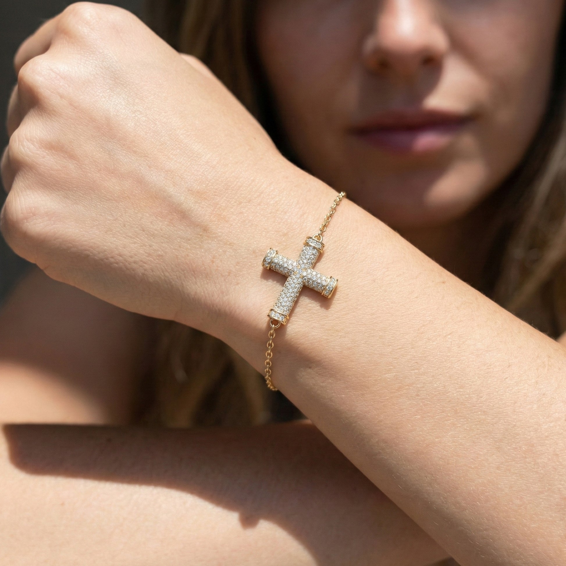 Statement Pavé Cross Design Bracelet in 14K Solid Gold, 0.58 TCW Round Cut Lab Grown Diamonds, Handmade Chain Bracelet, Anniversary Gift for Her
