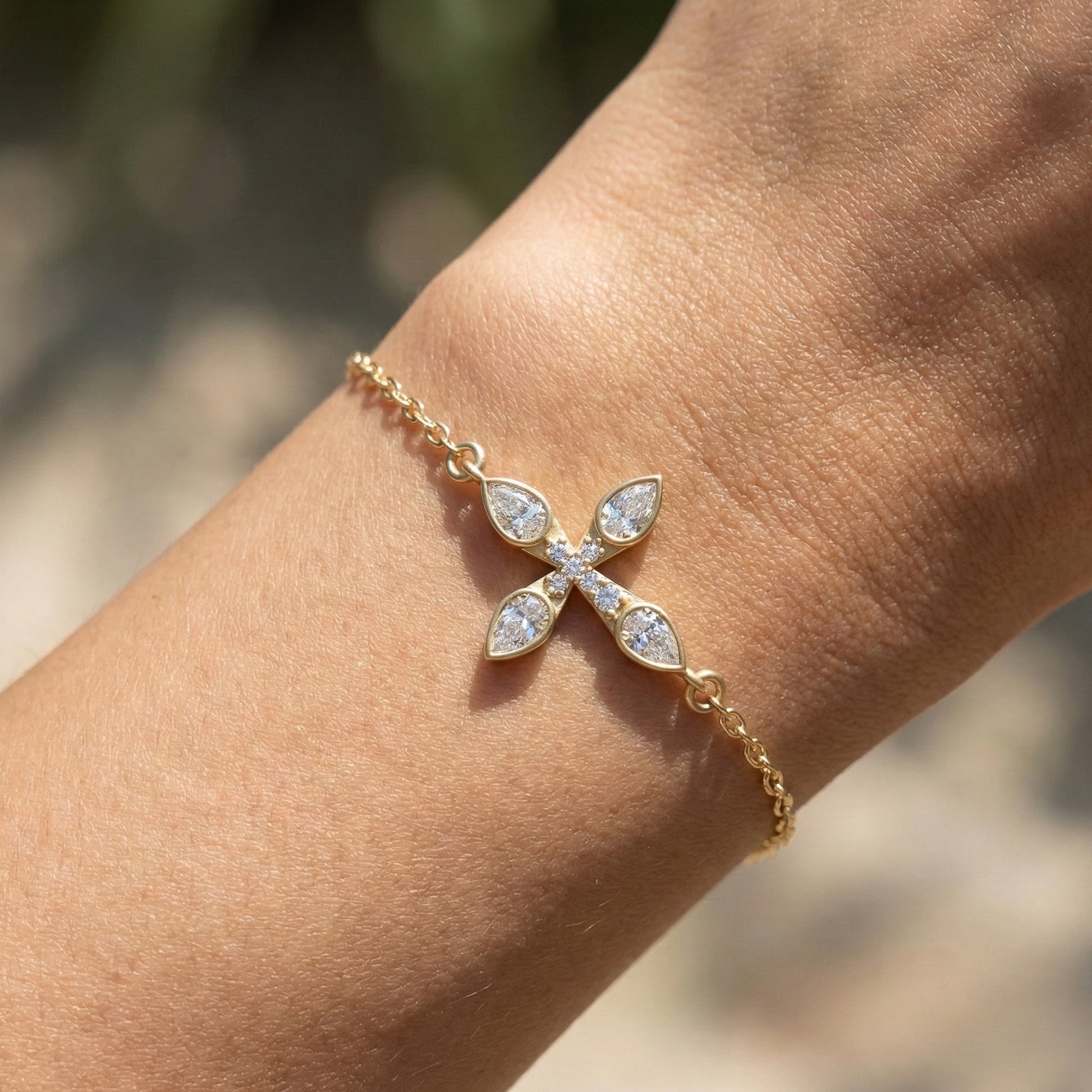 Dainty pear petal cross Chain bracelet in 14K Solid Gold, 0.60 Pear Cut Lab Created Diamonds, Everyday Bracelet, Religious Gift for Her