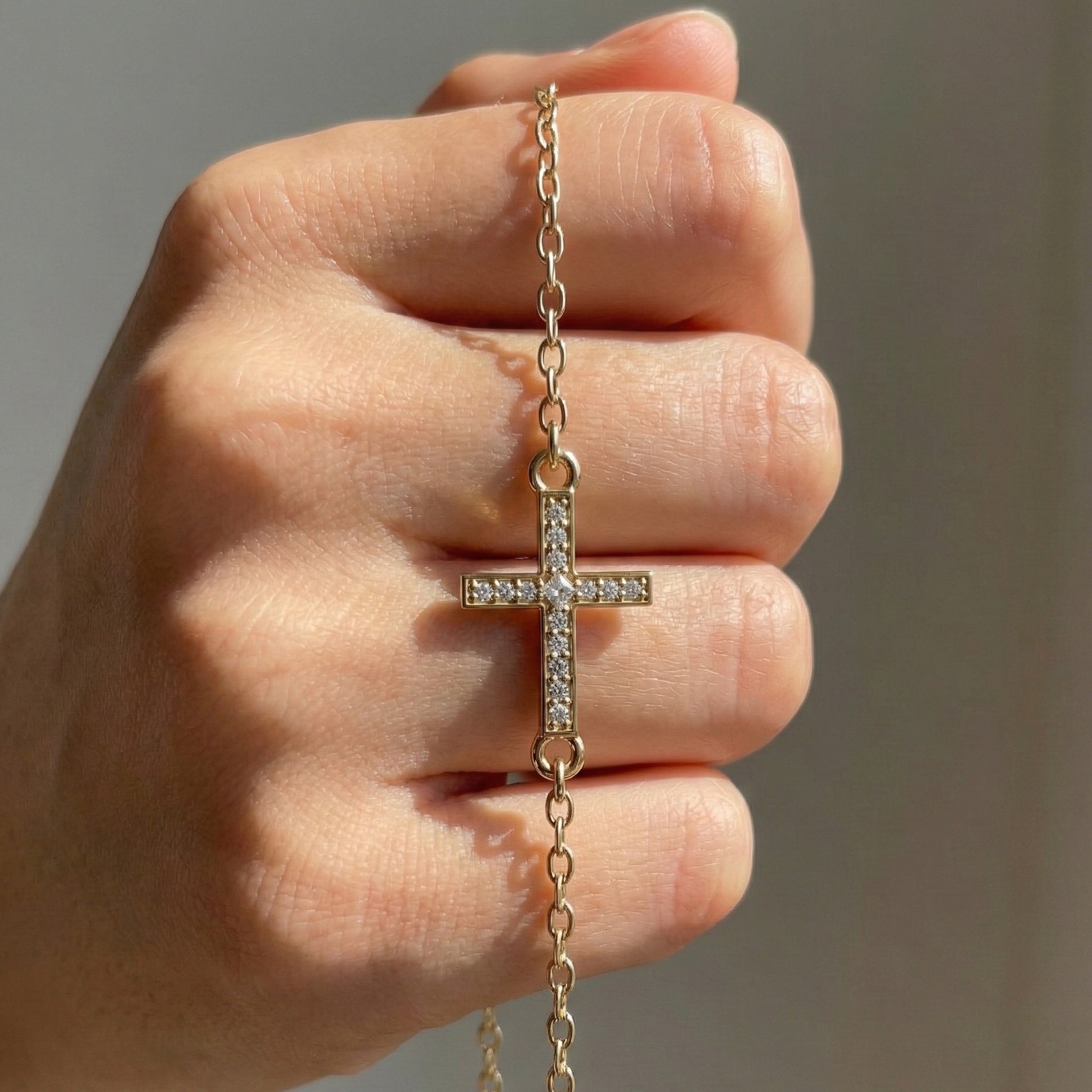 Horizontal Cross Dainty Chain Bracelet in 14k Solid Gold, 0.09 TCW Round Cut Lab Grown Diamonds, Promise Jewelry, Religious Gift for Wife