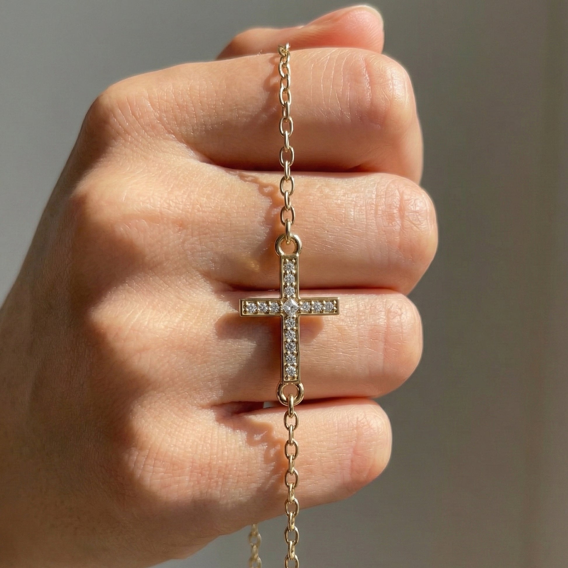 Horizontal Cross Dainty Chain Bracelet in 14k Solid Gold, 0.09 TCW Round Cut Lab Grown Diamonds, Promise Jewelry, Religious Gift for Wife