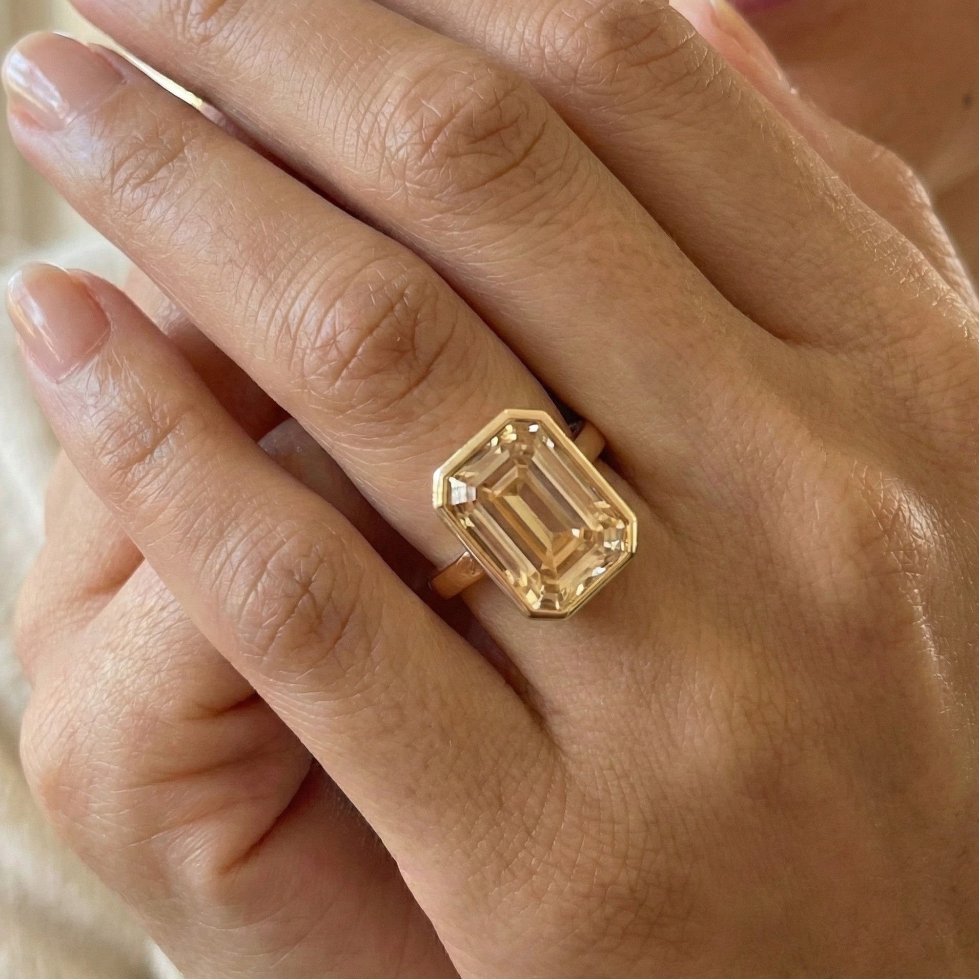 Minimal Bezel Set Champagne Gemstone Engagement Ring in 14K Solid Gold, 10.00 CT Emerald Cut Lab Gemstone, Anniversary Gift for Wife, Handmade Jewelry