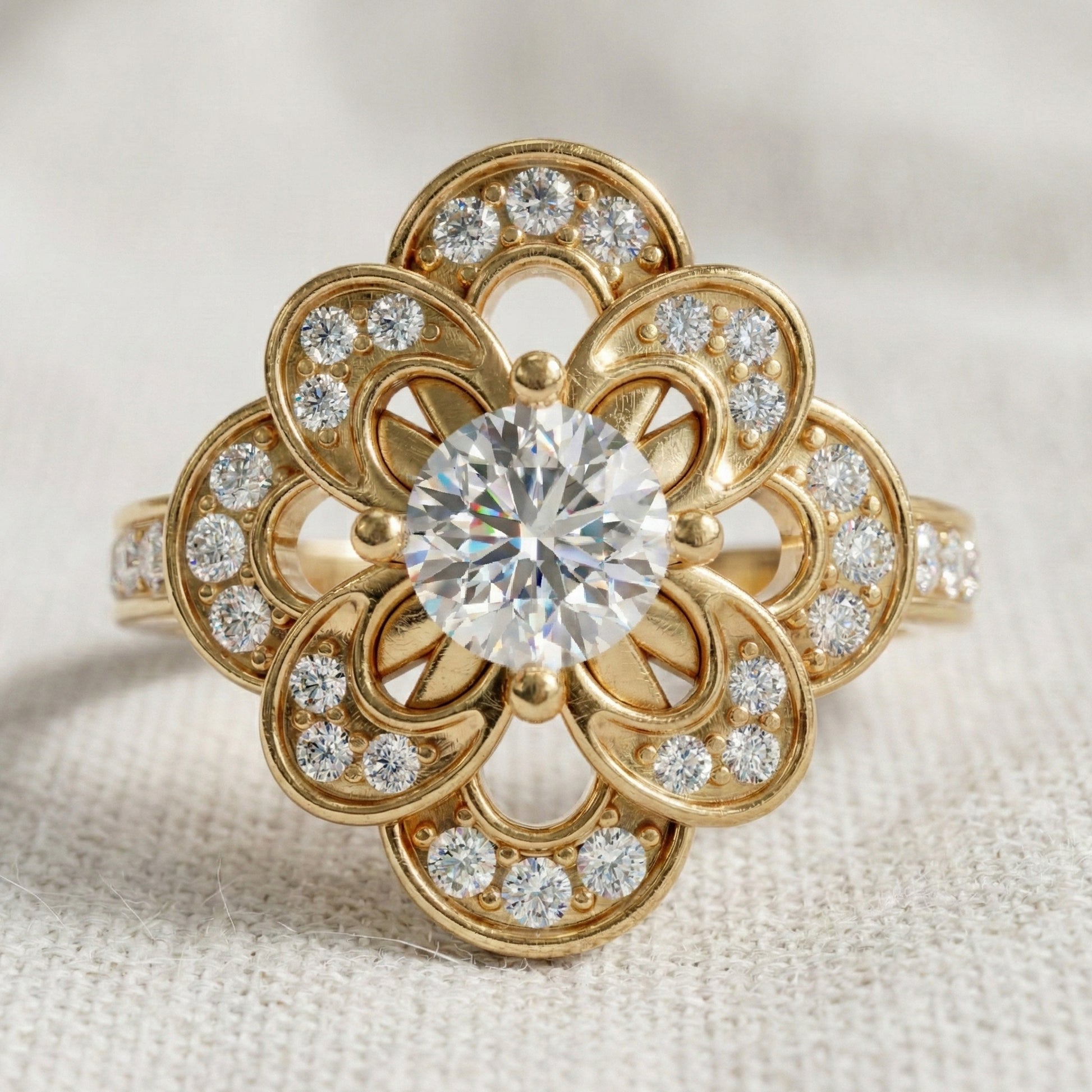 Floral Romantic Bloom Halo Unique Engagement Ring in Solid 14k Gold, Bridal Gift for Wife, Elegant Cluster Anniversary Ring