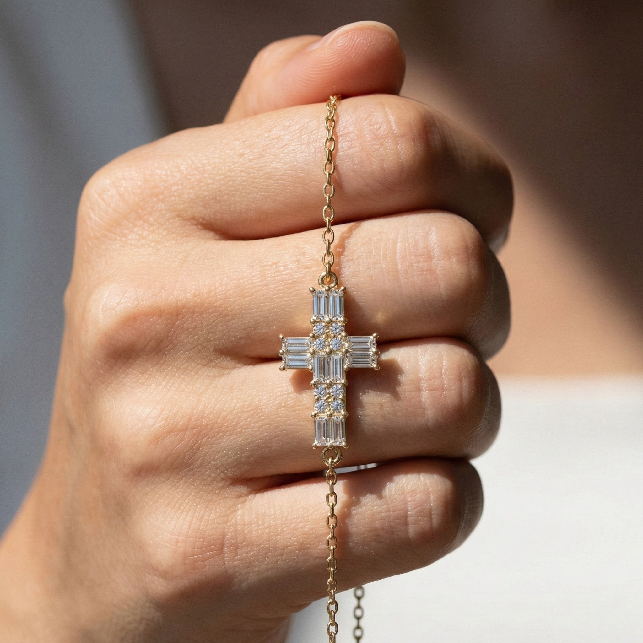 Baguette Cross Cluster Chain Bracelet in 14k Solid Gold, 1.60 TCW Baguette/Round Cut Lab Grown Diamonds, Dainty Faith Jewelry, Religious Gift for Her, Everyday Jewelry