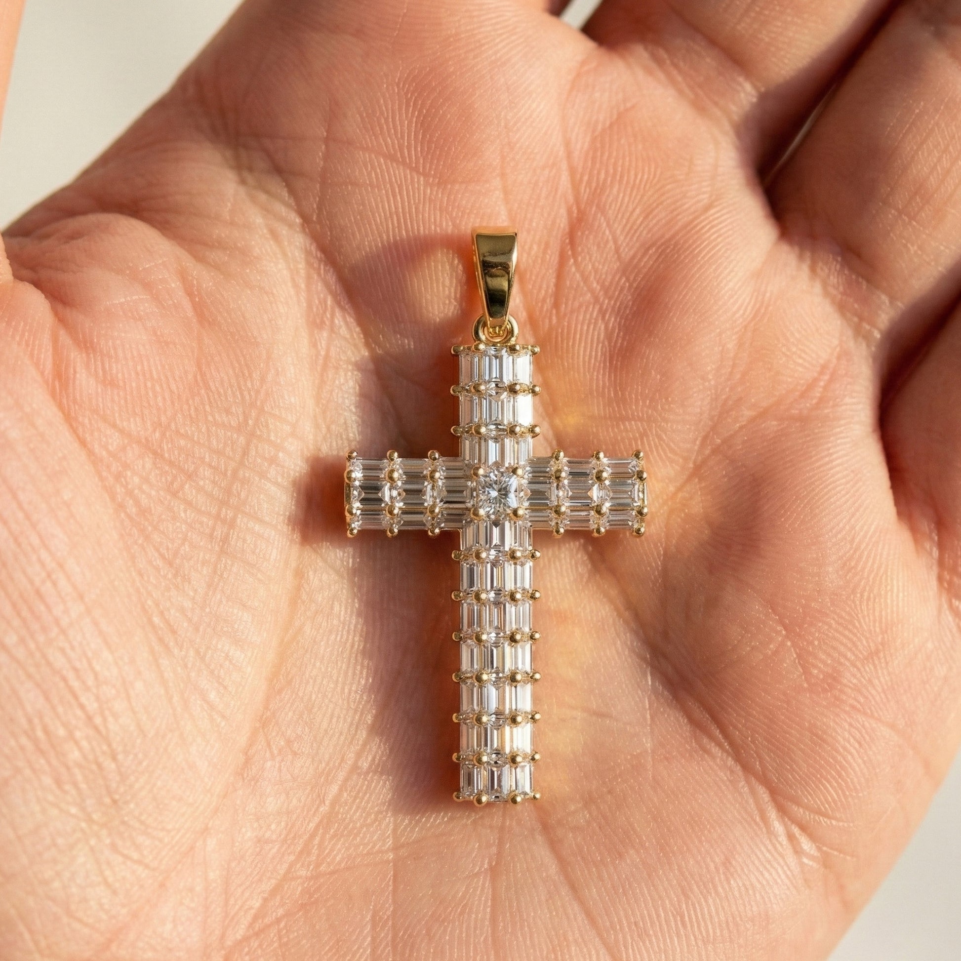 Geometric Baguette Cross Pendant in 14K Solid Gold, 1.98 TCW Baguette/Princess Cut Lab Created Diamonds, Statement Bridal Jewelry, Wedding Gift