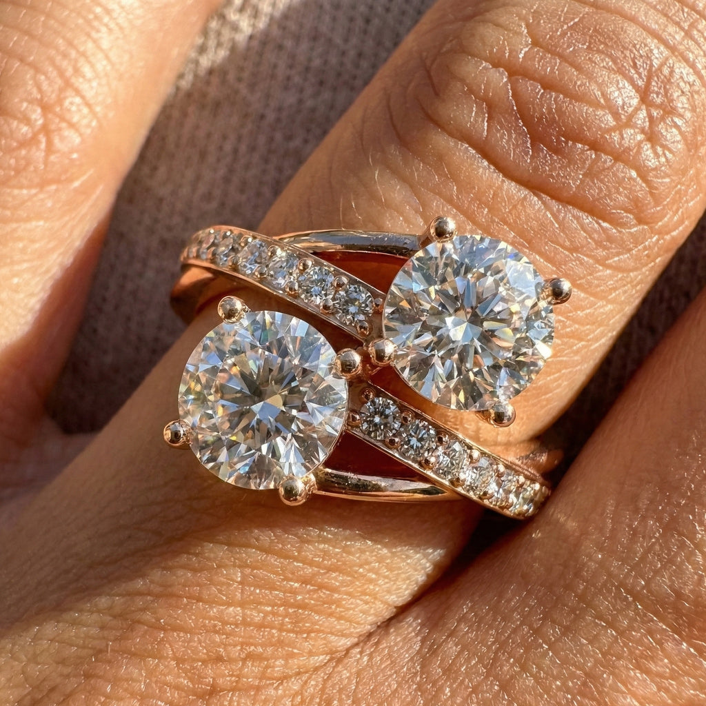 Twisted Pavé Double Stone Engagement Ring in 14K Solid Gold, Anniversary Gift for Wife, Modern Elegant Twisted Bypass Ring