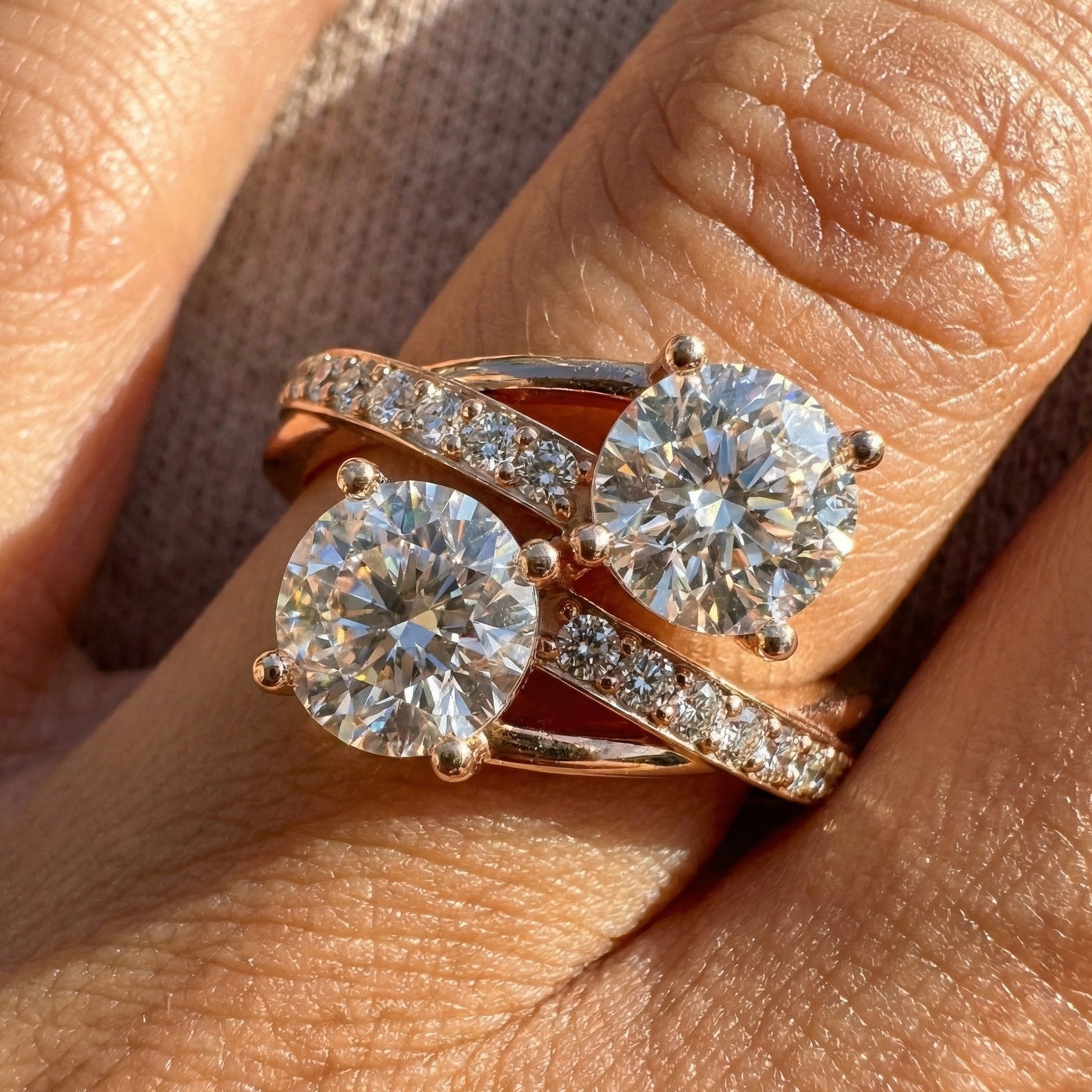 Twisted Pavé Double Stone Engagement Ring in 14K Solid Gold, Anniversary Gift for Wife, Modern Elegant Twisted Bypass Ring