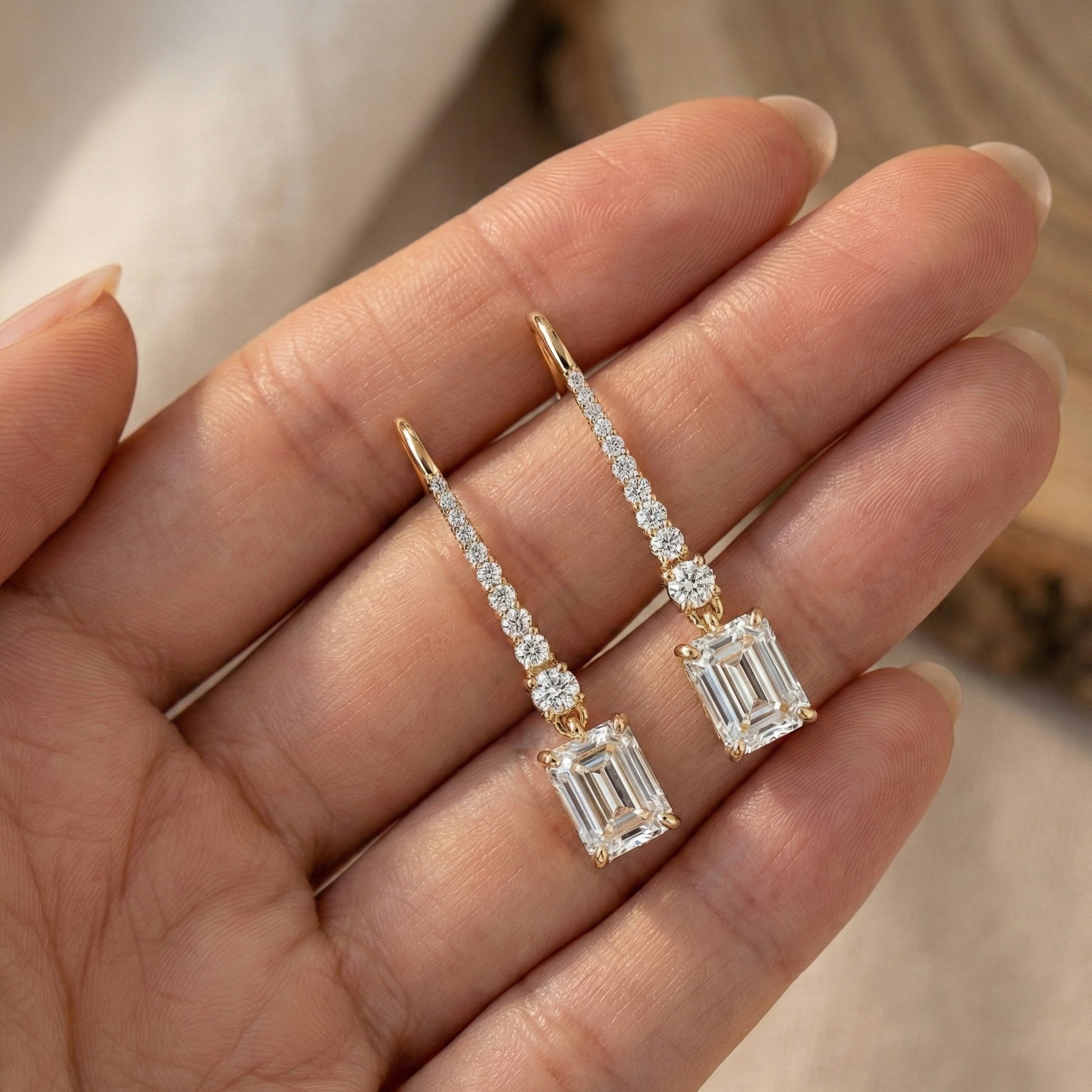 Emerald-Cut Drop with Pavé Bar & Round Accent Wedding Earrings in Lab Diamond – 14k Solid Gold, Everyday Jewelry, Birthday Gift for Women