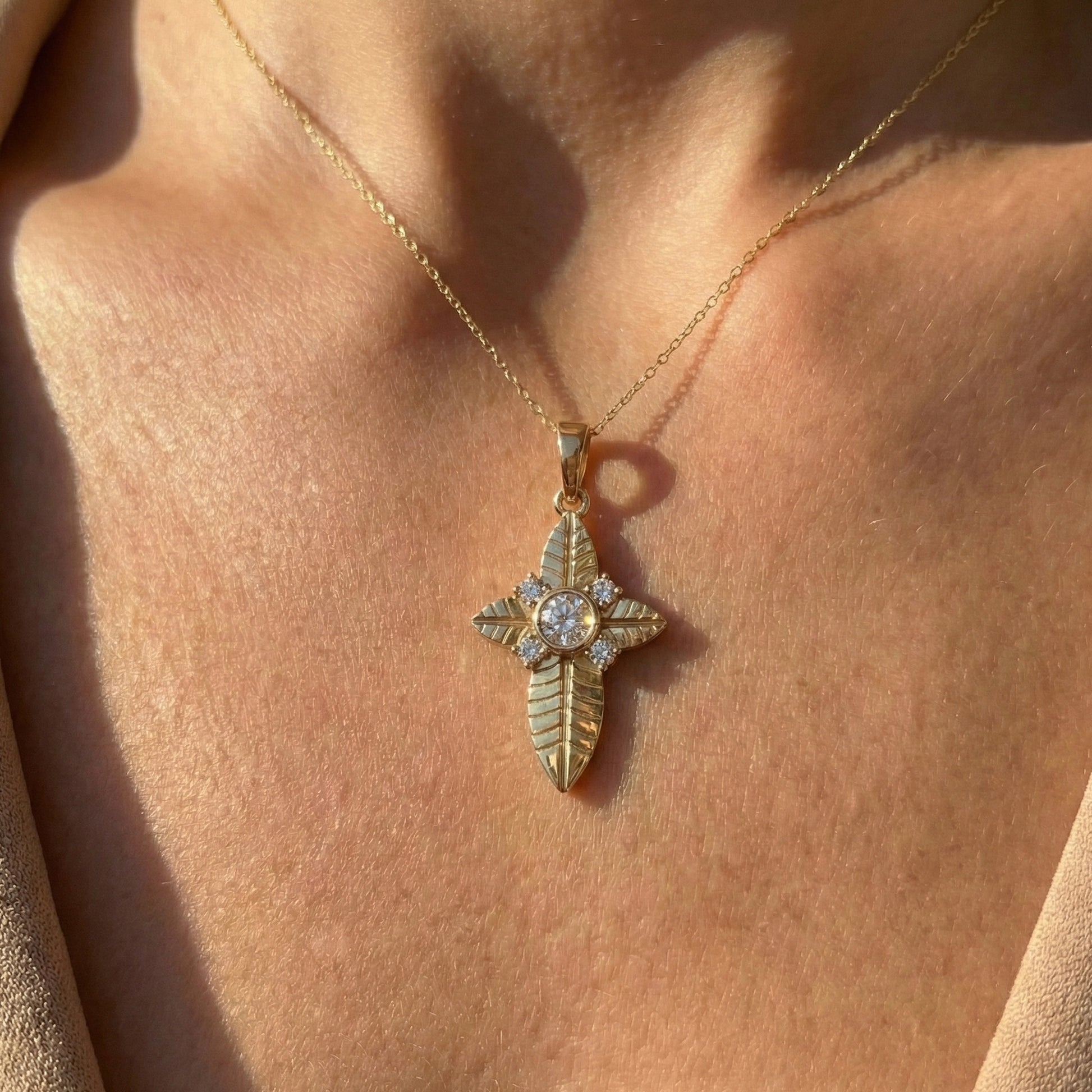 Elegant Botanical Cross Pendant in 14k Solid Gold, 0.39 TCW Round Cut lab Diamonds, Gift for Her, Bridal Jewelry