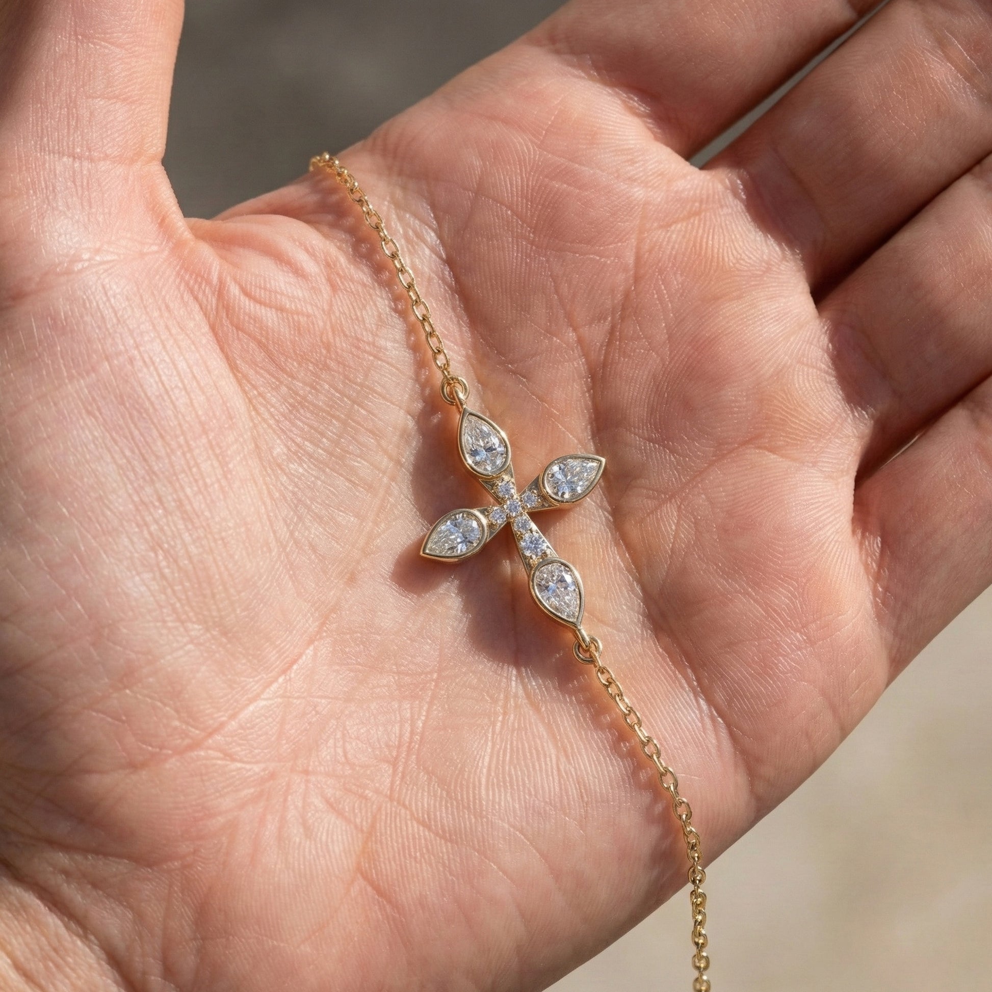Dainty pear petal cross Chain bracelet in 14K Solid Gold, 0.60 Pear Cut Lab Created Diamonds, Everyday Bracelet, Religious Gift for Her