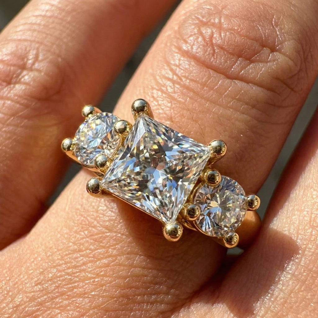 Princess and Round Trio Stone Engagement Ring in 18K Solid Gold, Handmade Jewelry Gift for Wife, Wedding Gift
