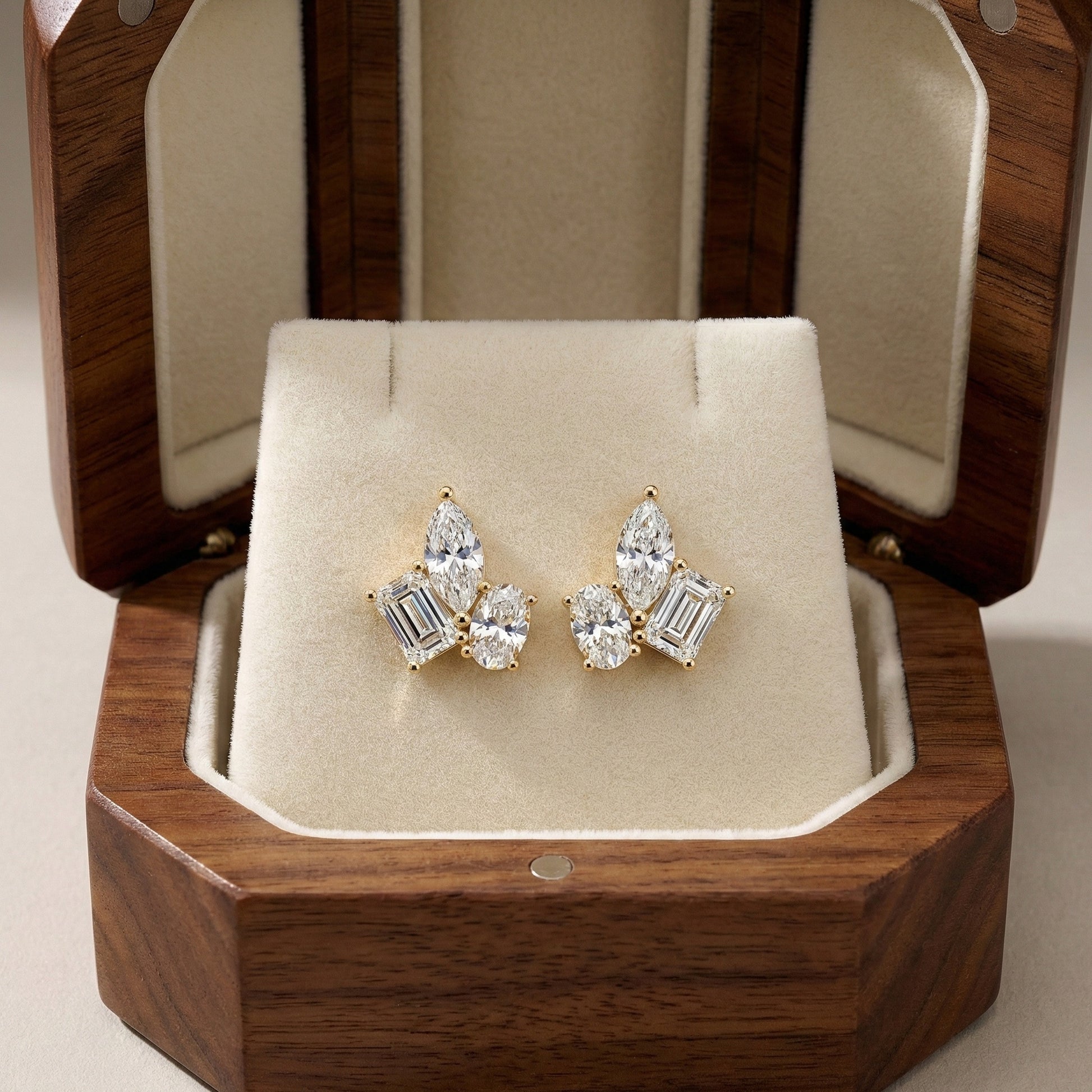 Three Stone Cluster Wedding Earrings in 14k Solid Gold, 3.00 TCW Marquise/Oval/Emerald Cut Lab Grown Diamonds, Trio Stud Earrings For Women, Anniversary Gift