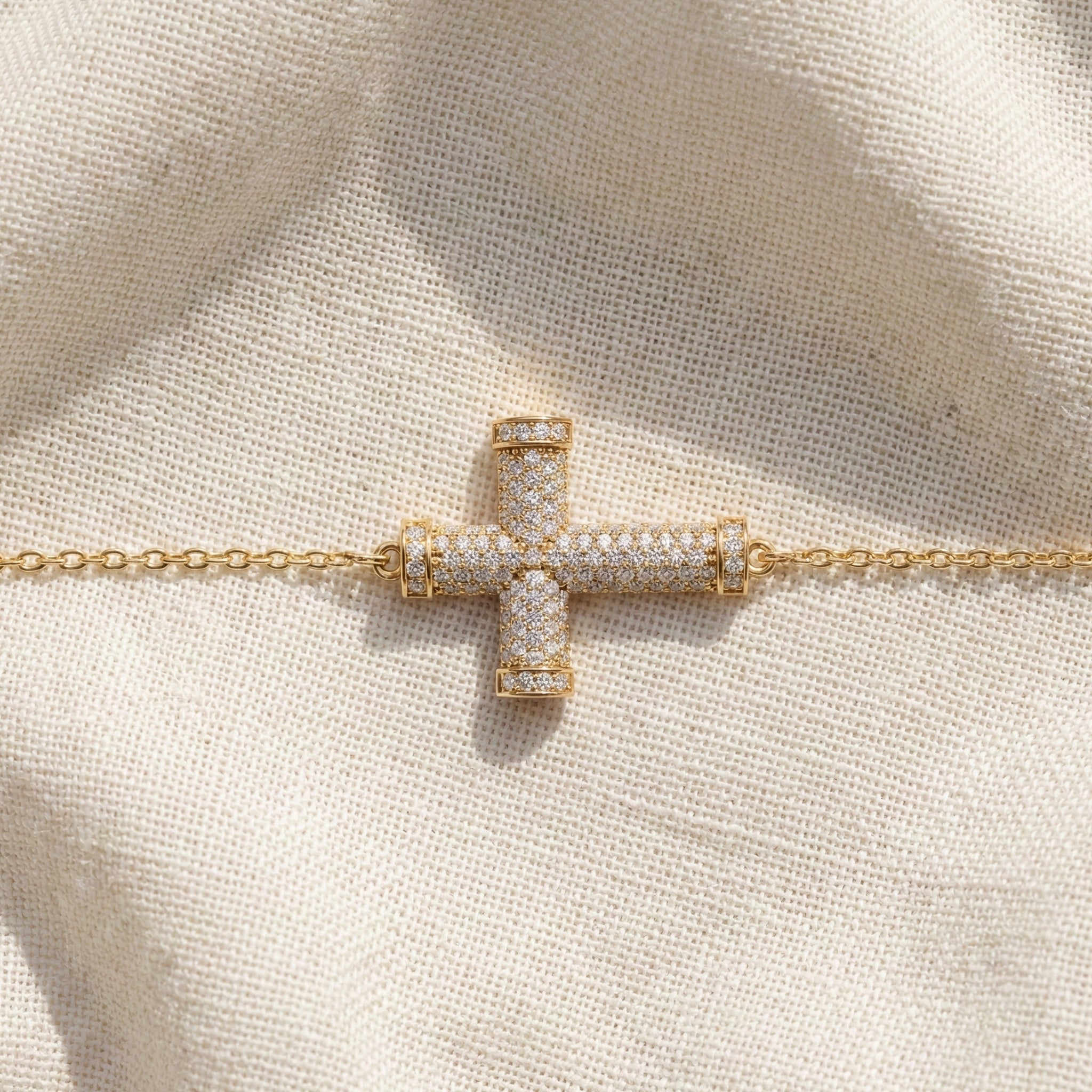 Statement Pavé Cross Design Bracelet in 14K Solid Gold, 0.58 TCW Round Cut Lab Grown Diamonds, Handmade Chain Bracelet, Anniversary Gift for Her