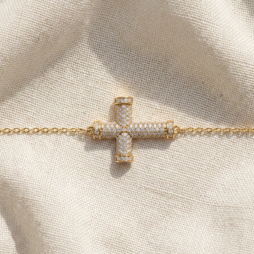 Statement Pavé Cross Design Bracelet in 14K Solid Gold, 0.58 TCW Round Cut Lab Grown Diamonds, Handmade Chain Bracelet, Anniversary Gift for Her