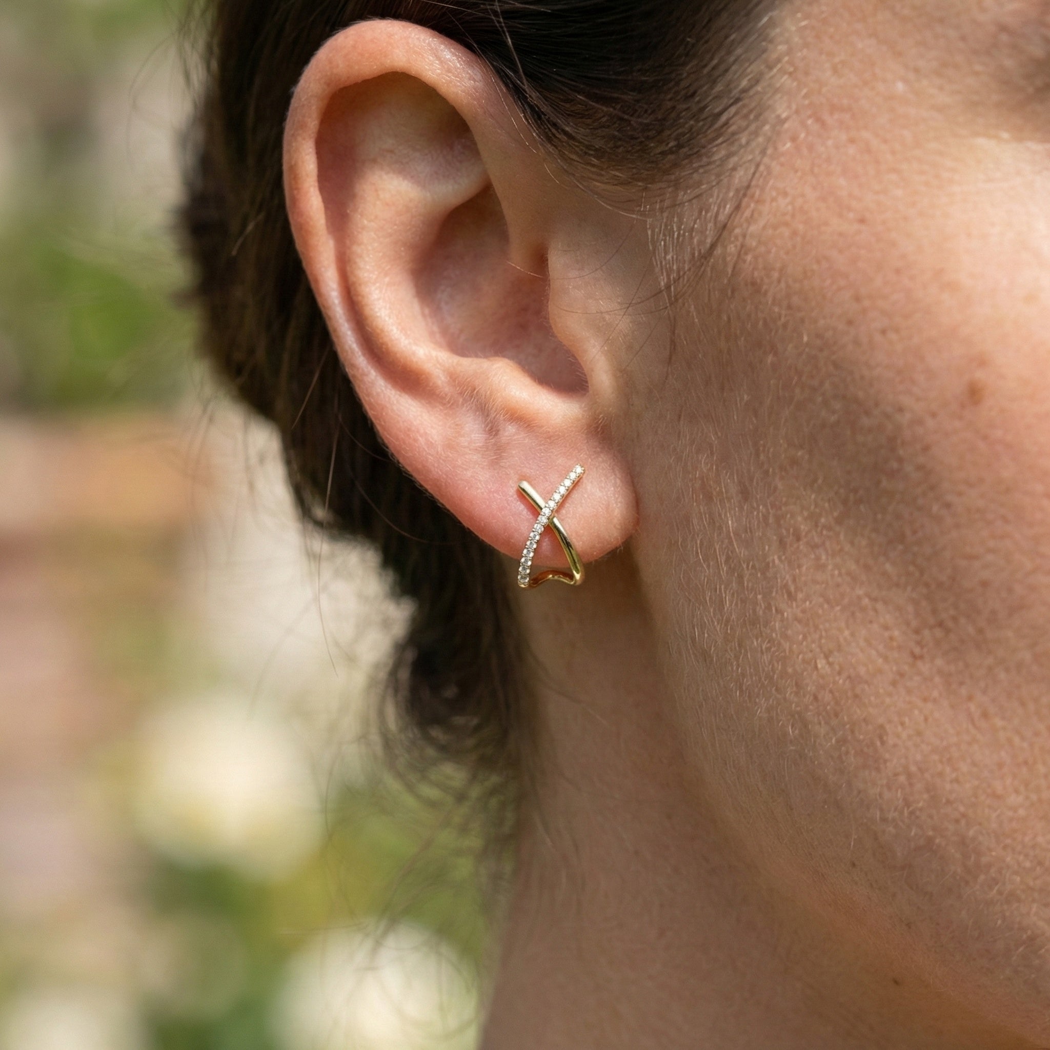 14K Solid Gold Twisted X Diamond Earrings, Modern Criss Cross Wedding Studs, Minimalist Huggie Hoops, Unique Anniversary Gift for Wife