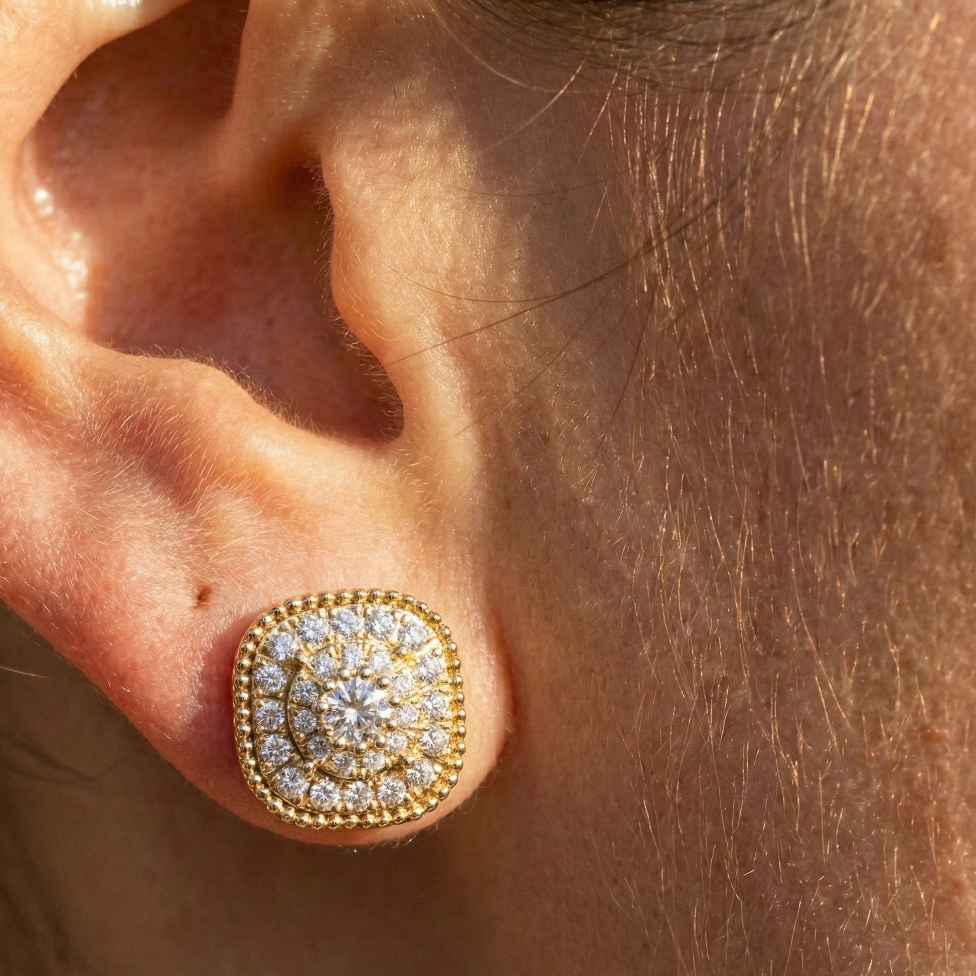 Vintage Cushion Halo Double Layer Cluster Wedding Earrings in Lab Grown Diamond - 14k Solid Gold, Milgrain Earrings for Women, Everyday Jewelry