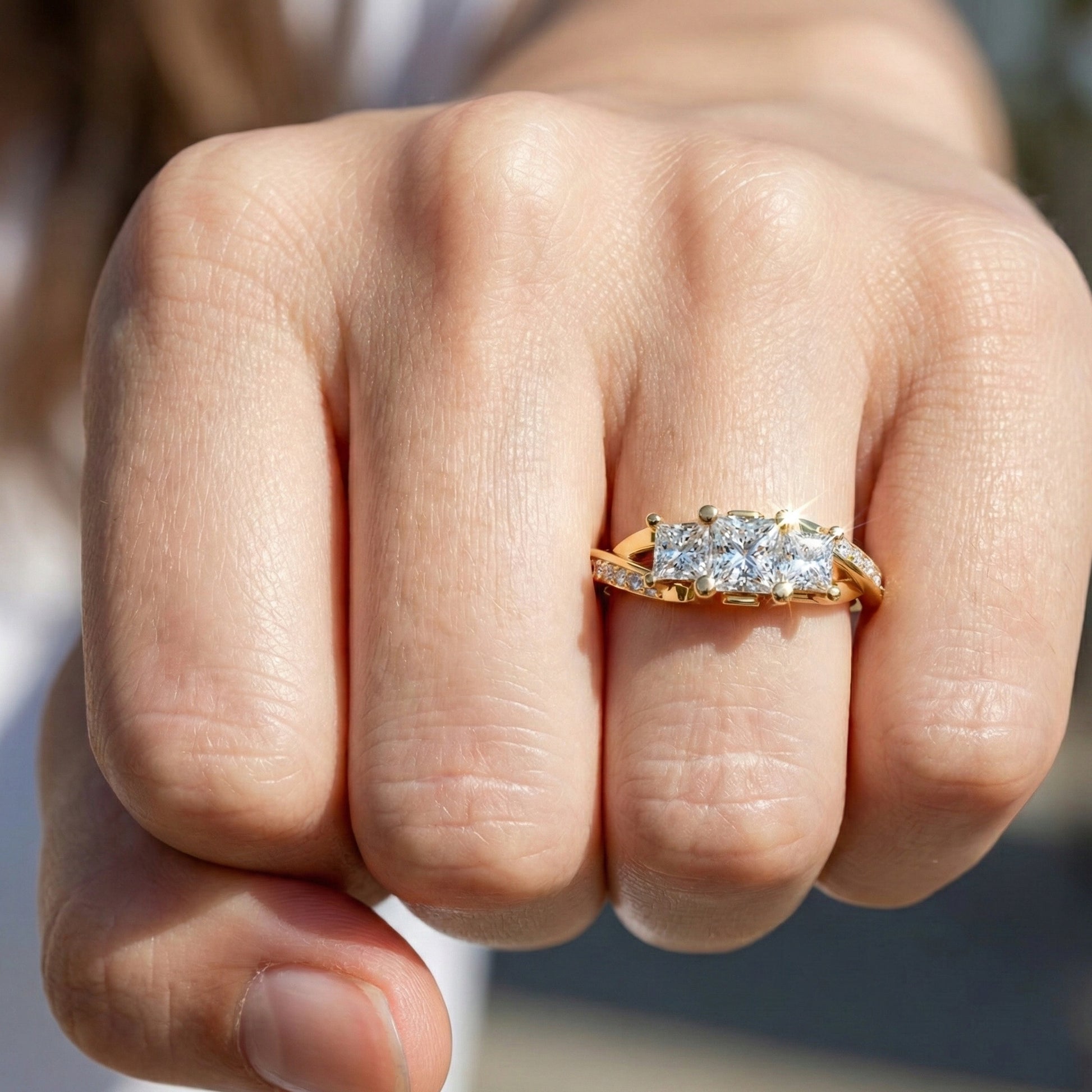 Three-Stone Princess Cut Bypass Pave Engagement Ring in 14K Solid Gold, 0.75 TCW Princess Cut Lab Grown Diamonds, Birthday Gift for Wife