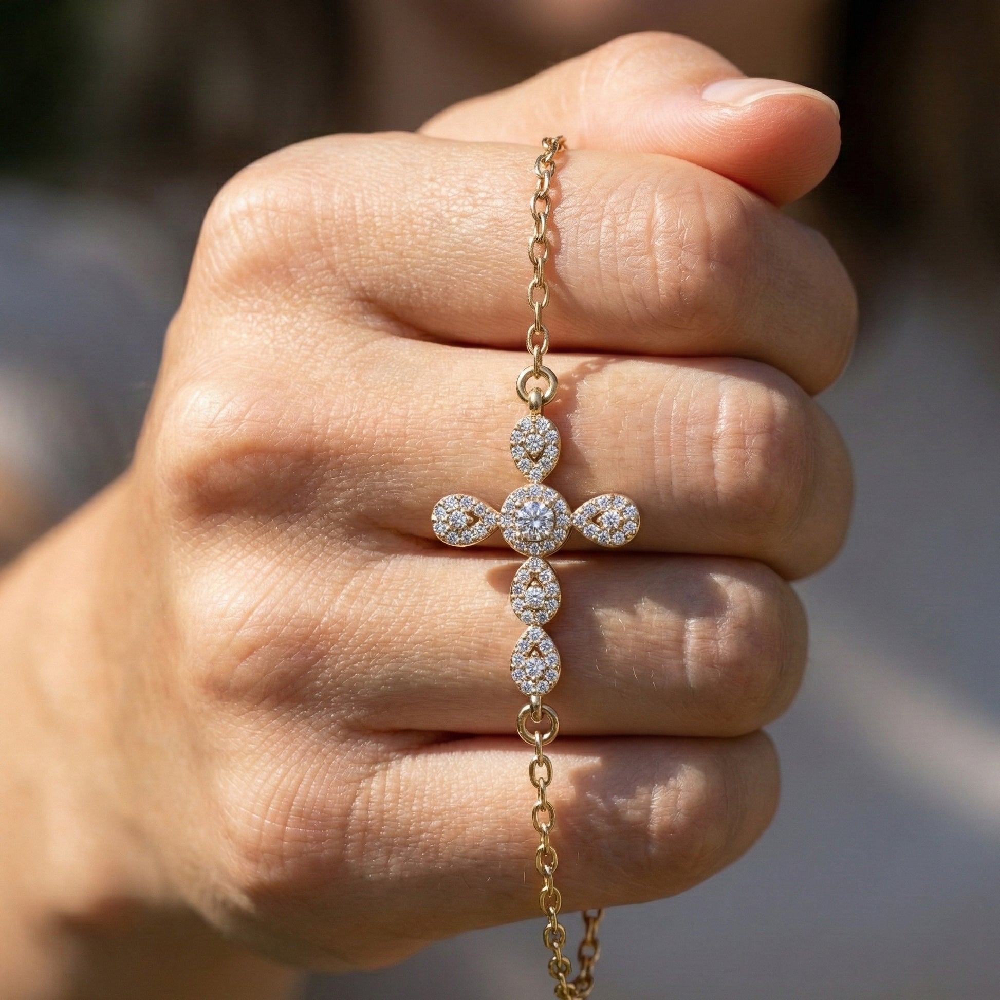 Dainty Cluster pear Halo cross Chain bracelet in 14K Solid Gold, 0.40 Round Cut Lab Created Diamonds, Vintage Gift for Her, Bridal Jewelry