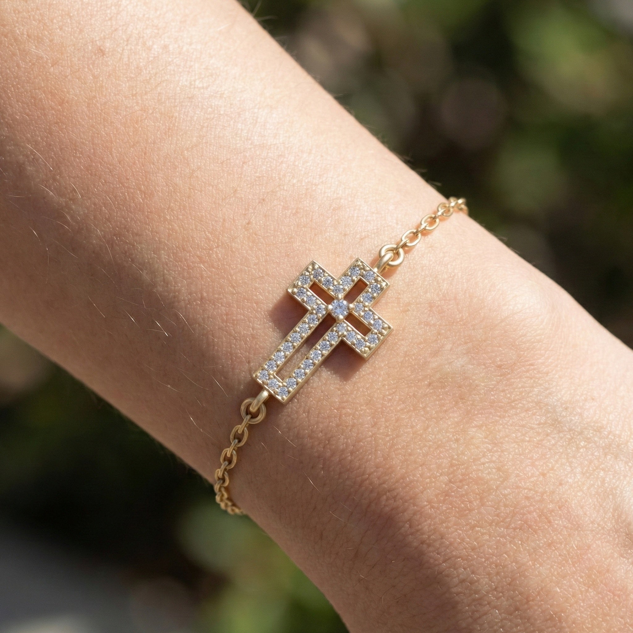 Dainty open cross bar Chain bracelet in 14K Solid Gold, 0.15 TCW Round Cut Lab Created Diamonds, Minimalist Bracelet, Wedding Gift for Her