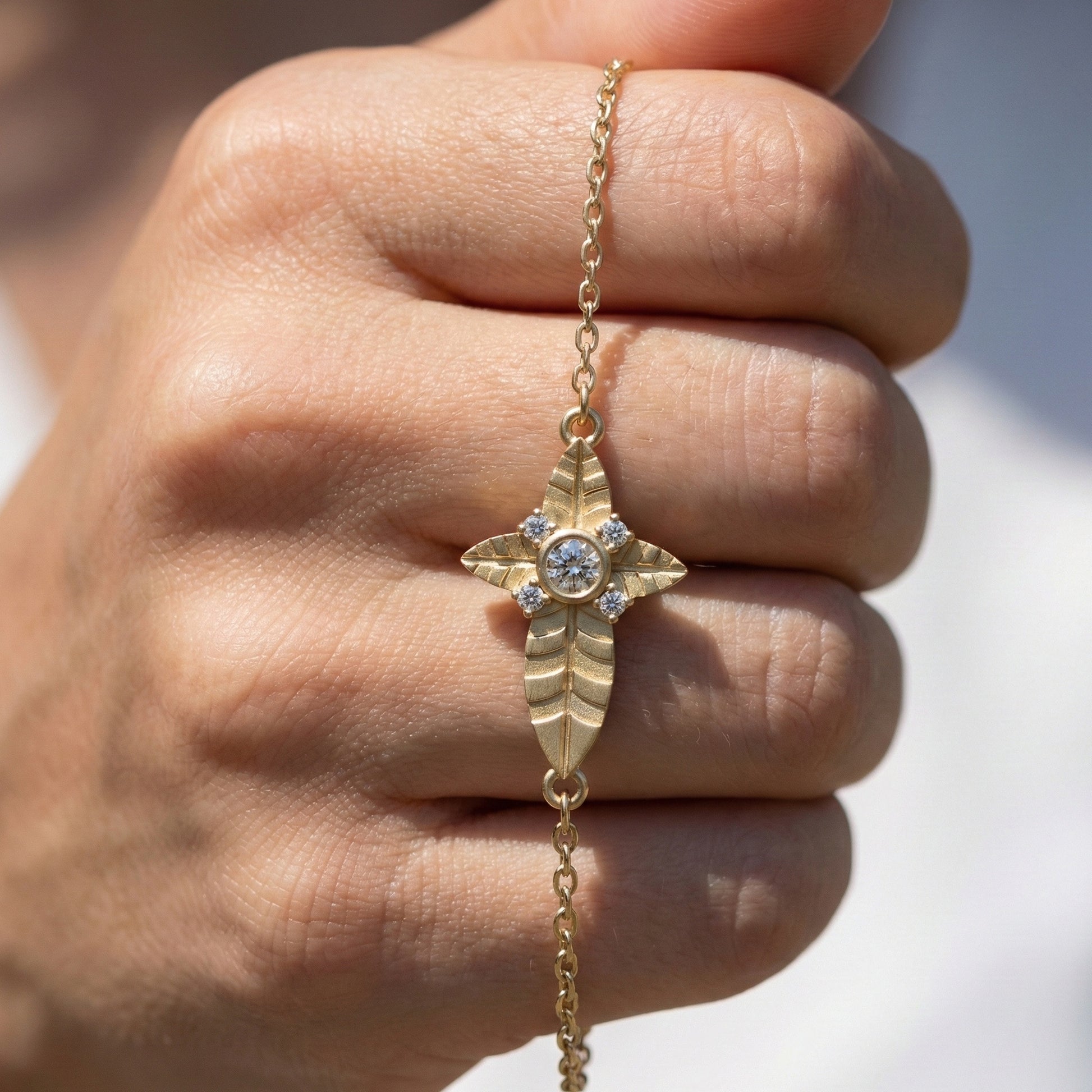 Nature Leaf Cross Charm Bracelet in 14k Solid Gold, 0.20 TCW Round Cut Lab Grown Diamonds, Botanical Bracelet, Gift for Her, Wedding Jewelry