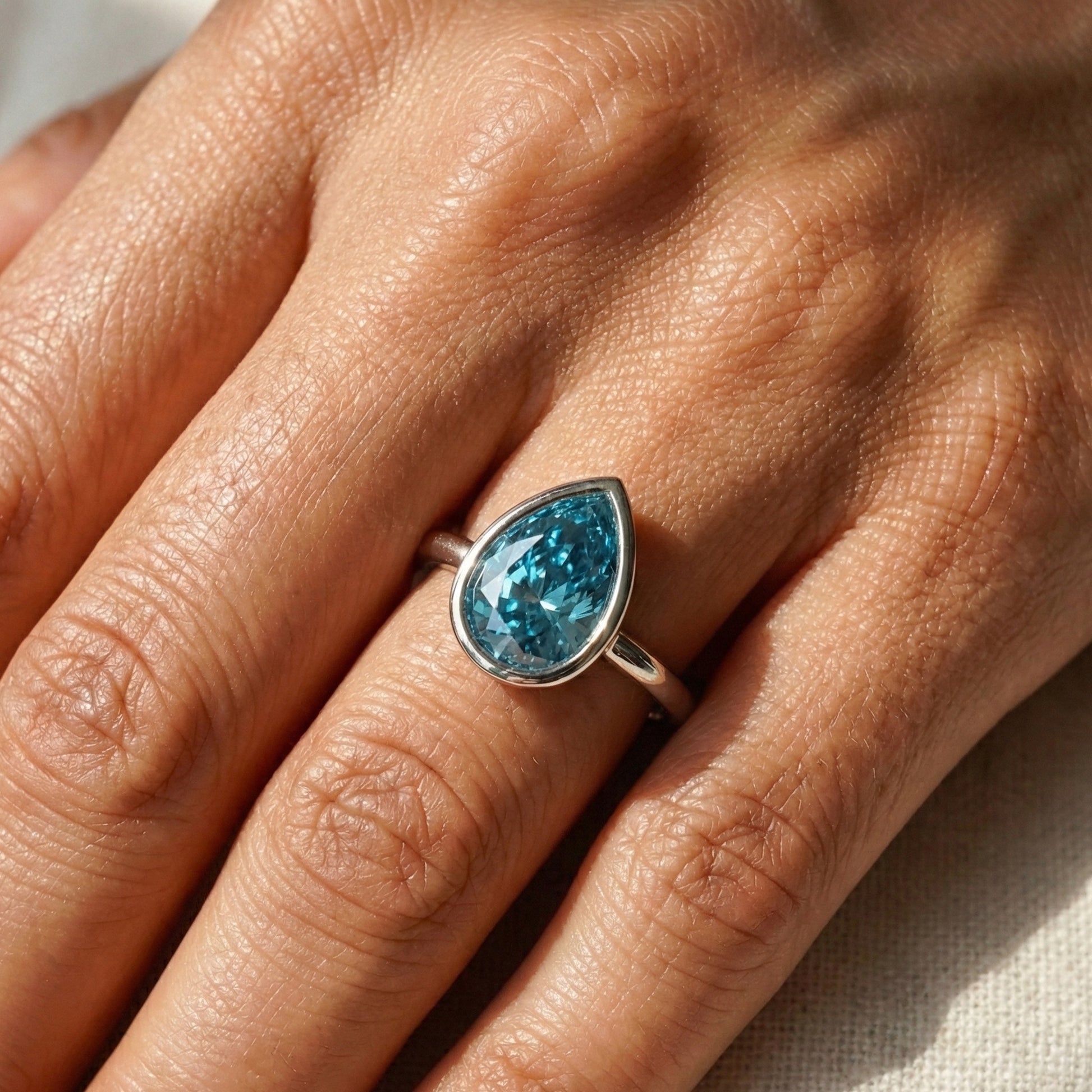 Cyan Blue Teardrop Bezel Set Solitaire Engagement Ring in 14K Solid Gold, 5.00 CT Pear Cut Moissanite, Birthday Gift For Wife,  Daily Wear Jewelry