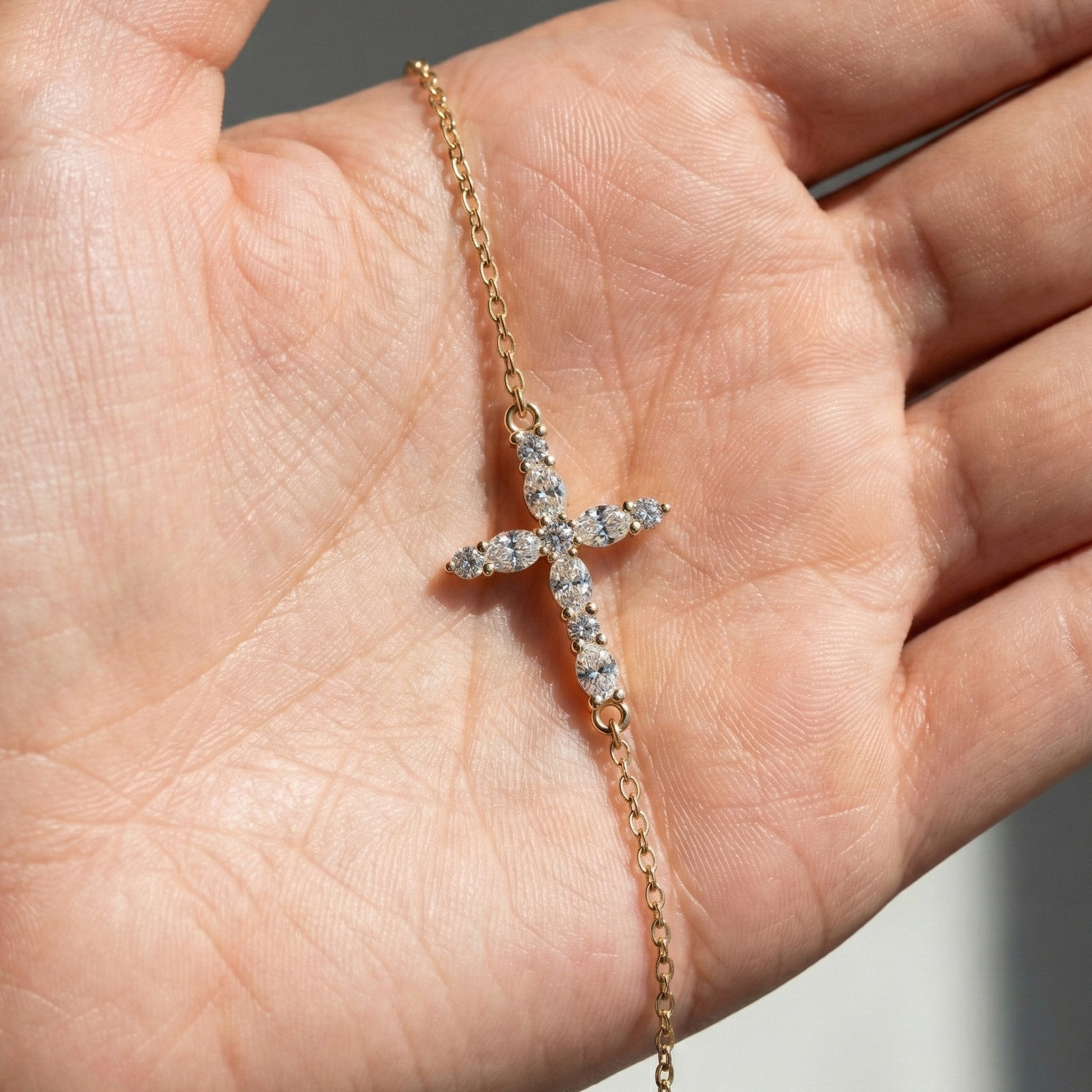 Sparkling Oval Cluster Cross Chain Bracelet in 14K Solid Gold, 0.75 TCW Oval Cut Lab Grown Diamonds, Faith Bracelet, Birthday Gift for Her