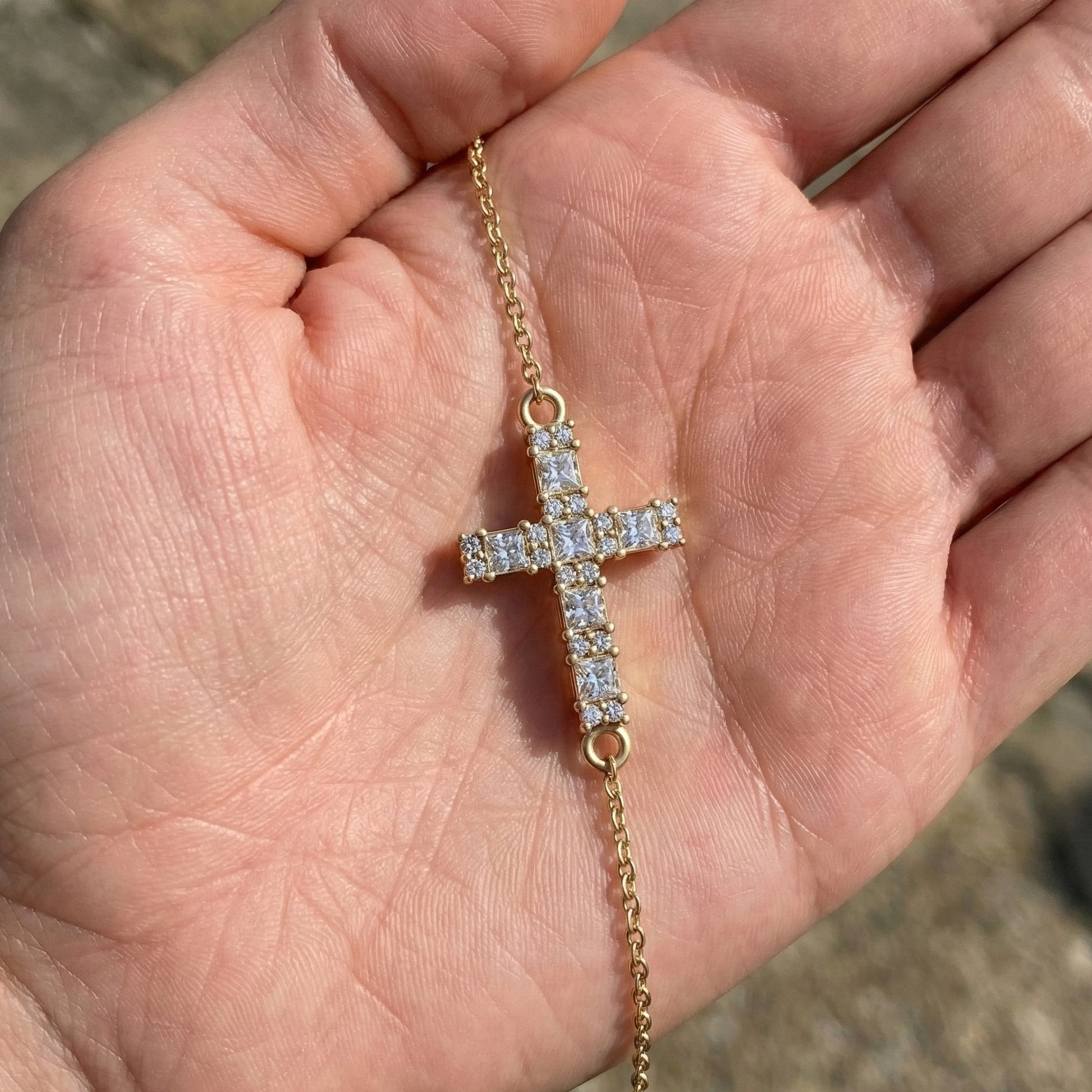 Modern princess cut cross Chain bracelet in 14K Solid Gold, 0.42 TCW Princess Cut Lab Created Diamonds, Baptism Bracelet, Gift for Her, Daily Wear Jewelry