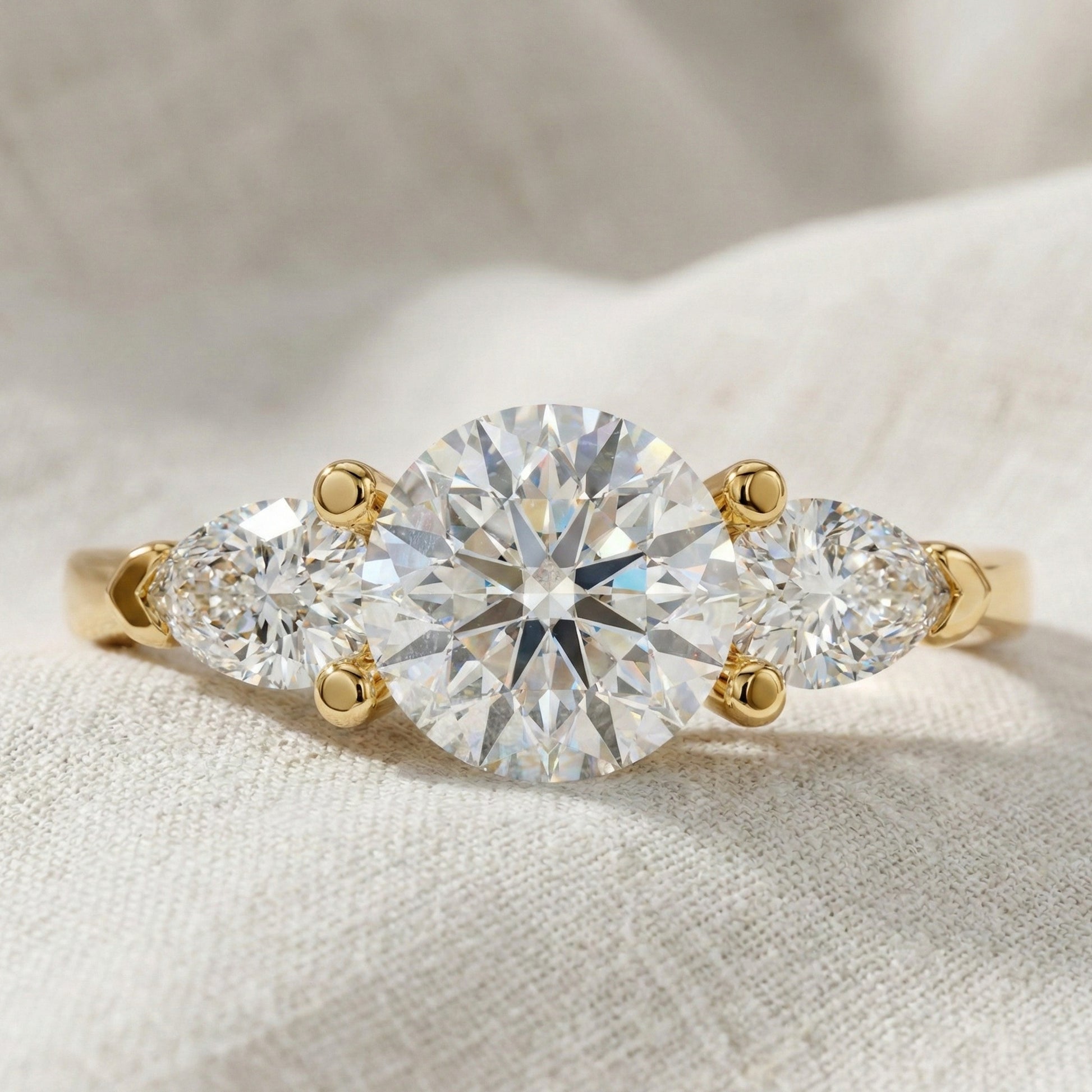 Elegant Three Stone Engagement Ring in 14K Yellow Gold, 1.05 TCW Pear/Round Cut Lab Grown Diamonds, Antique Simple Ring, Anniversary Gift For Her