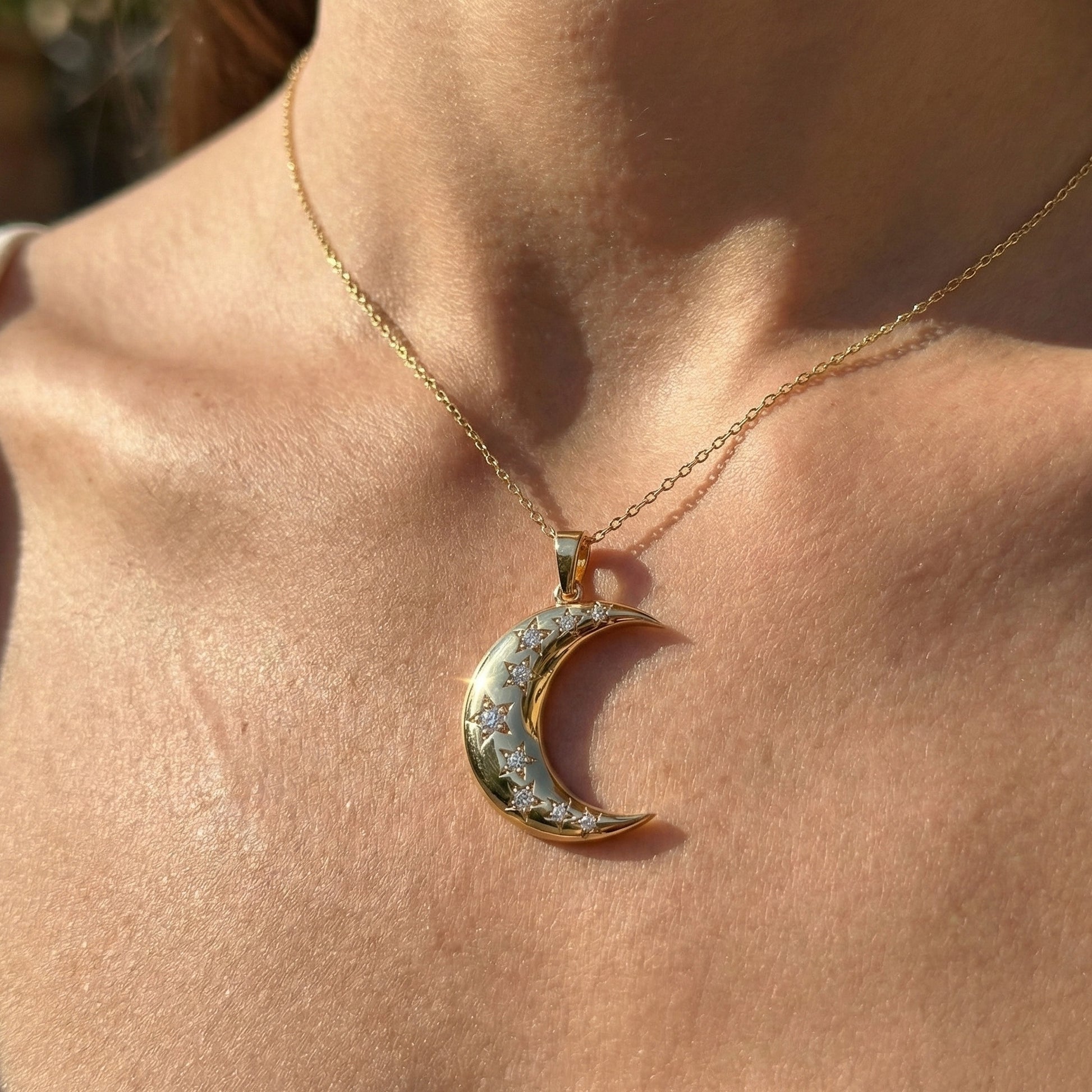 Celestial Crescent Moon Charm with Star Accents Wedding Pendant in Lab Grown Diamond-14k Solid Gold, Bridal Jewelry for Her