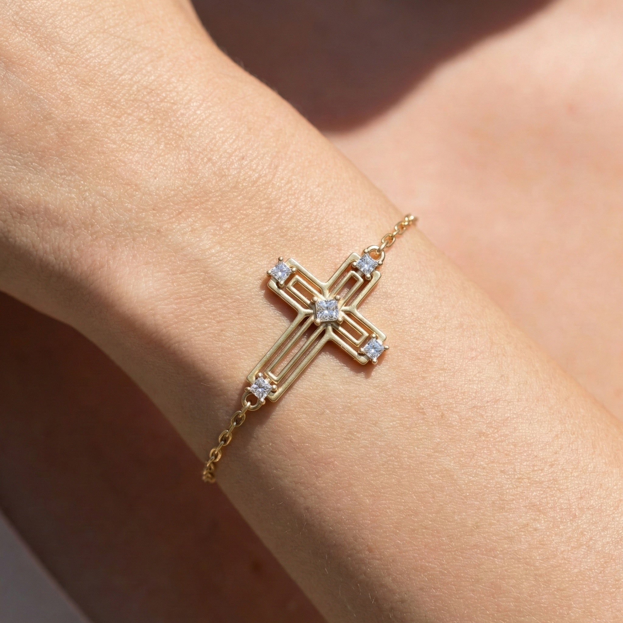 Open Work Cross Chain Bracelet in 14K Solid Gold, 0.32 TCW Princess Cut Lab Created Diamonds, Faith Jewelry, Anniversary Gift for Her, Everyday Bracelet