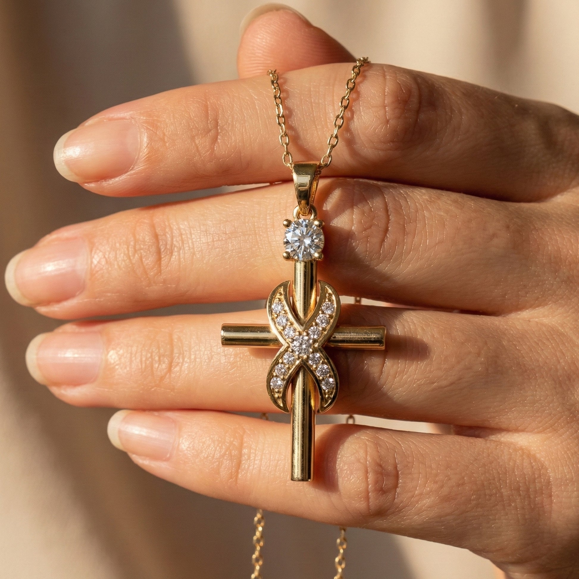 Classic Infinity Accent Cross Pendant in 14K Solid Gold, 0.44 TCW Round Cut Lab Diamonds, Gift for Her, Spiritual Jewelry