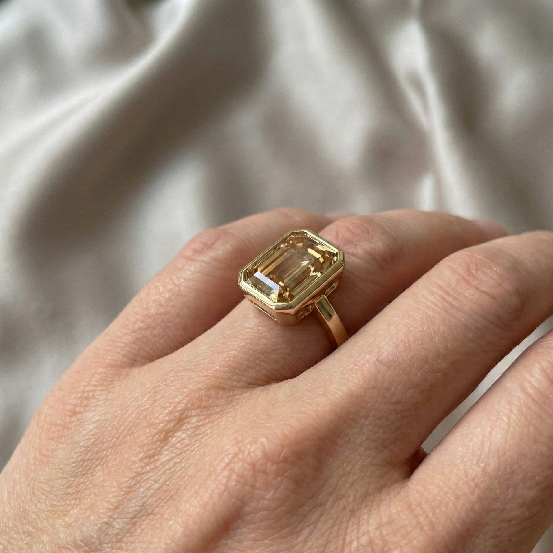 Minimal Bezel Set Champagne Gemstone Engagement Ring in 14K Solid Gold, 10.00 CT Emerald Cut Lab Gemstone, Anniversary Gift for Wife, Handmade Jewelry