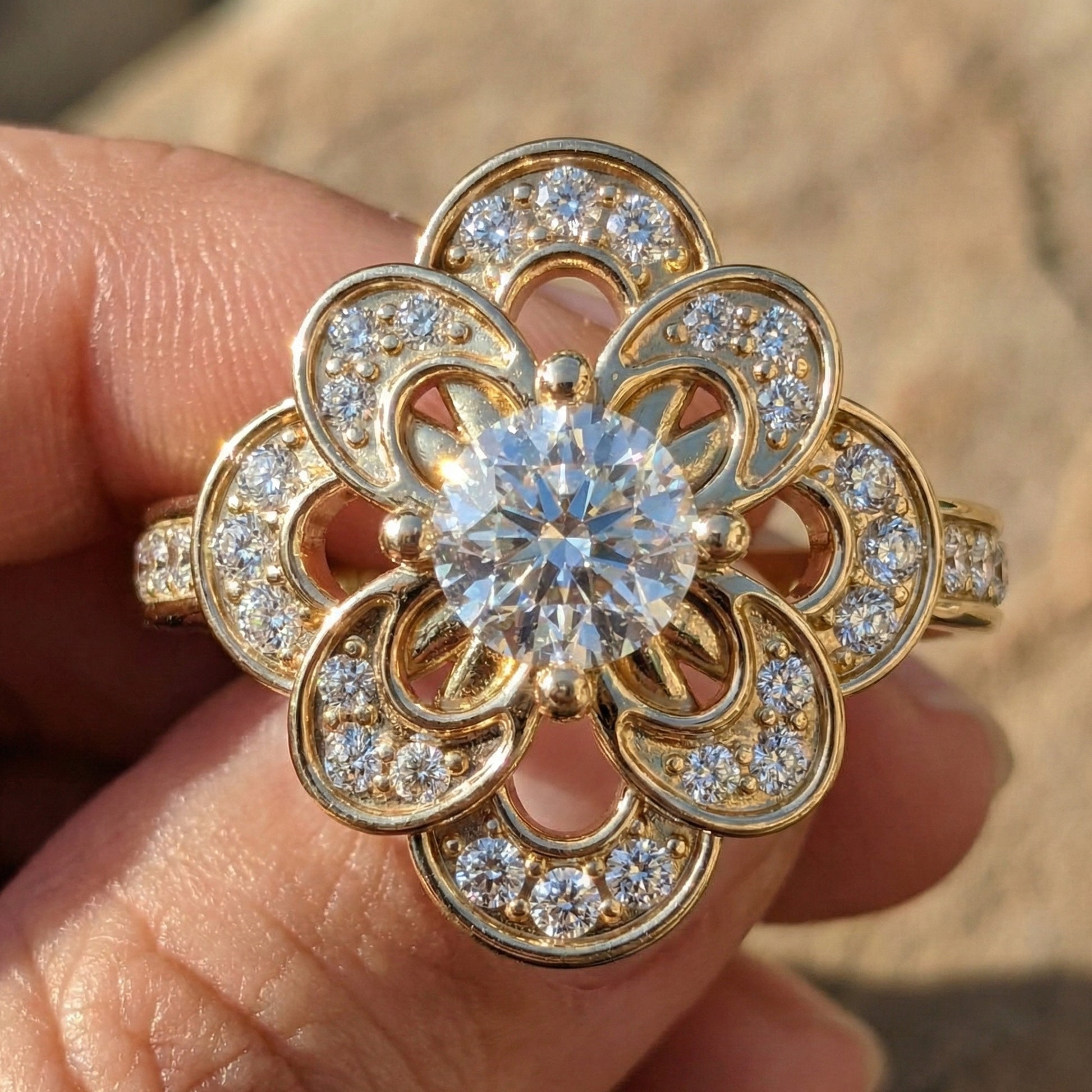 Floral Romantic Bloom Halo Unique Engagement Ring in Solid 14k Gold, Bridal Gift for Wife, Elegant Cluster Anniversary Ring