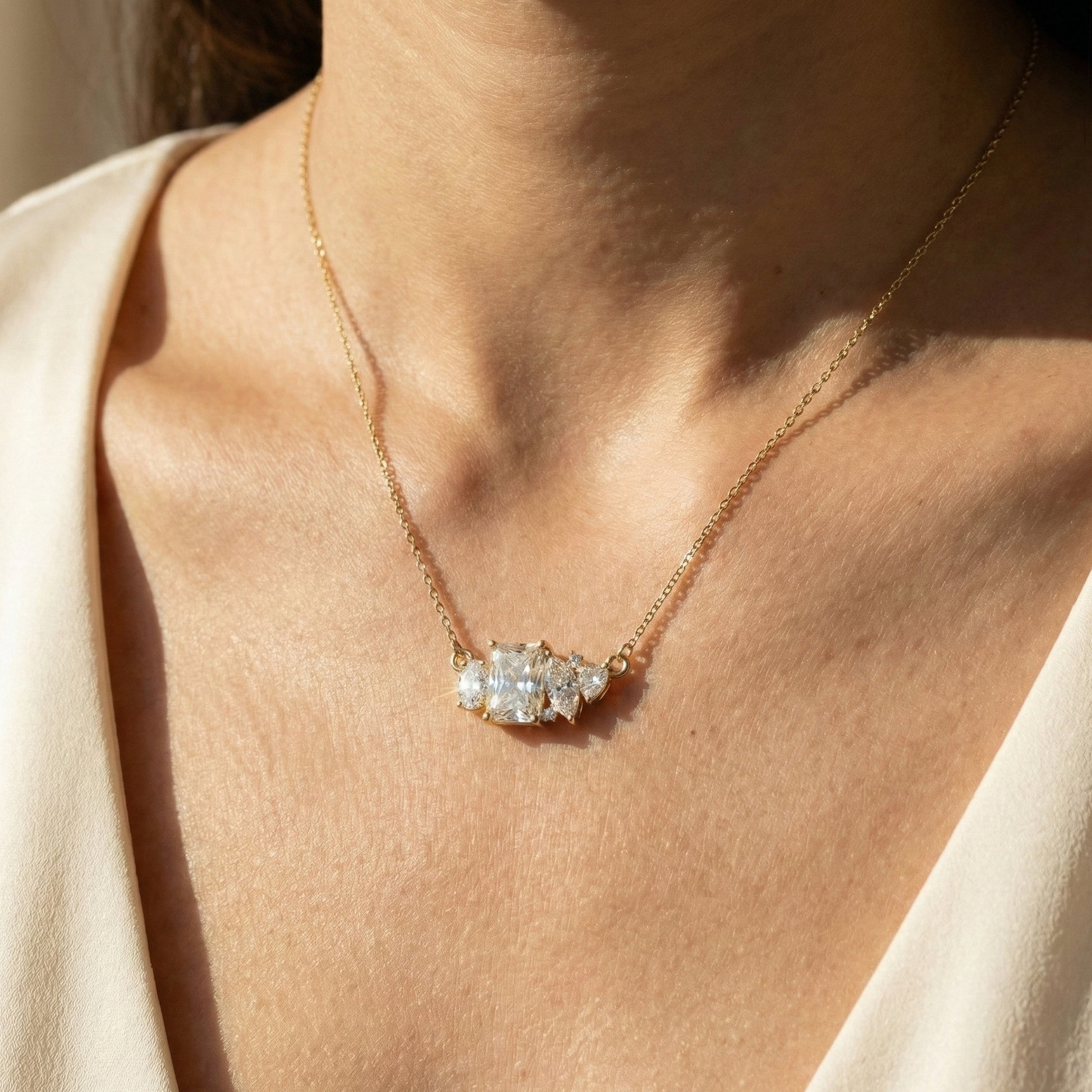 Radiant Cut Modern Cluster with Mixed Stone Cluster Wedding Pendant in Lab Grown Diamond-14k Solid Gold, Birthday Gift for Women, Handmade Jewelry