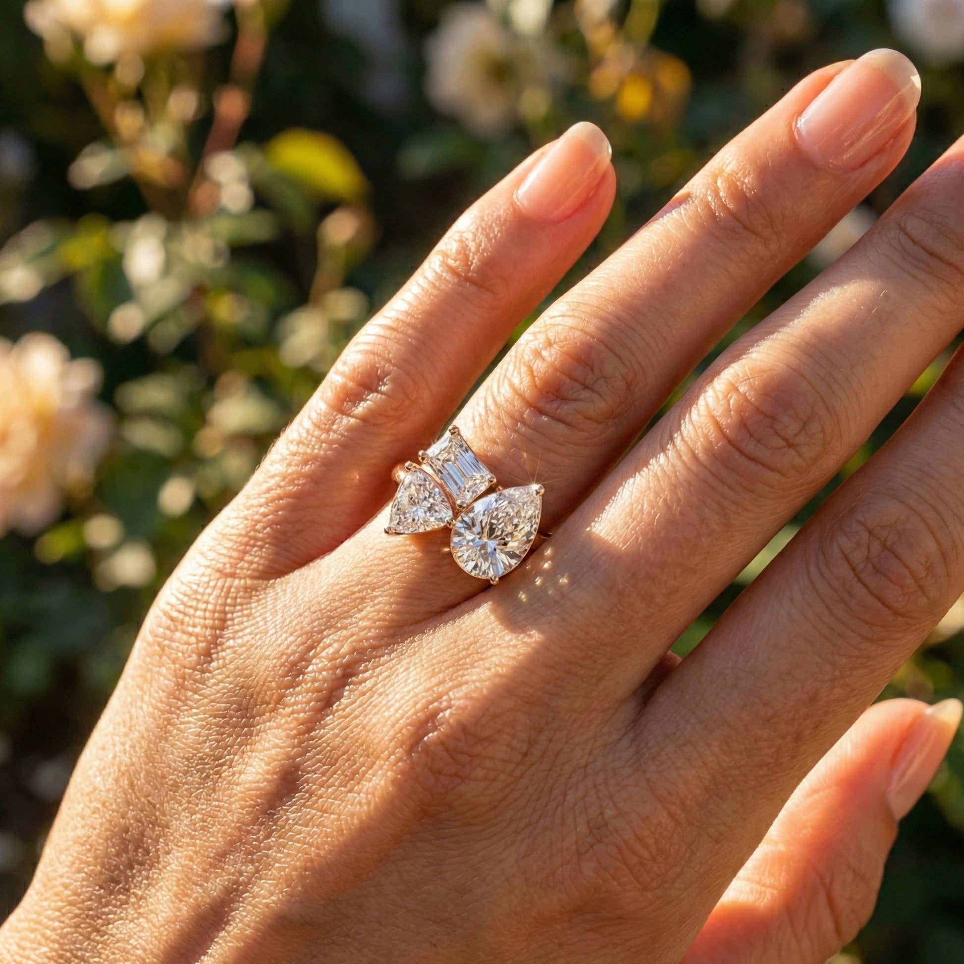 Three Stone Engagement Ring in 14K Solid Gold, 1.92 TCW Trillion/Radiant/Pear Cut Lab Grown Diamonds, Bridal Jewelry for Women, Handmade Jewelry