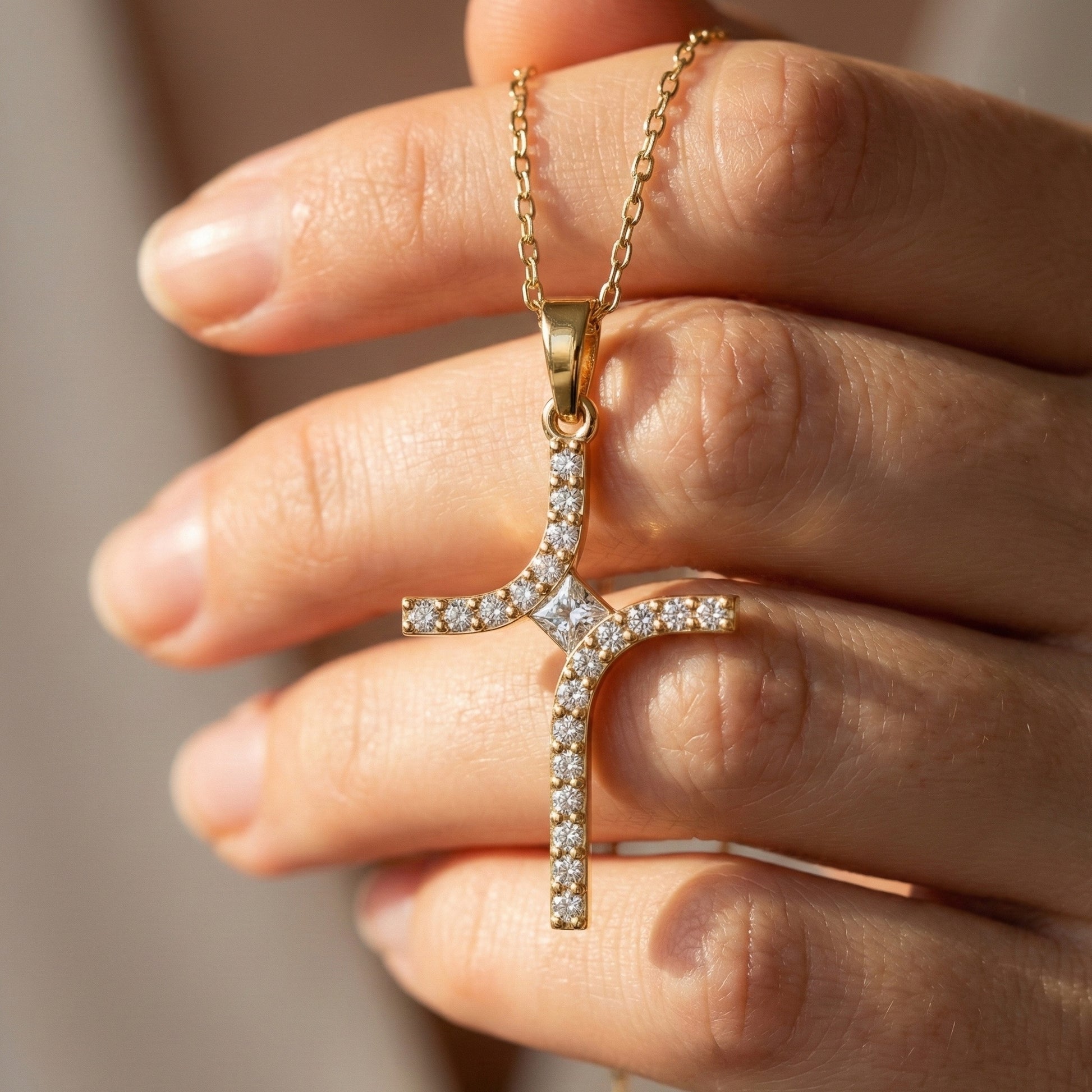 Artisan Angled Cross Pendant in 14K Solid Gold, 0.30 TCW Princess/Round Cut Lab Created Daimonds, Bridal Jewelry, Everyday Gift