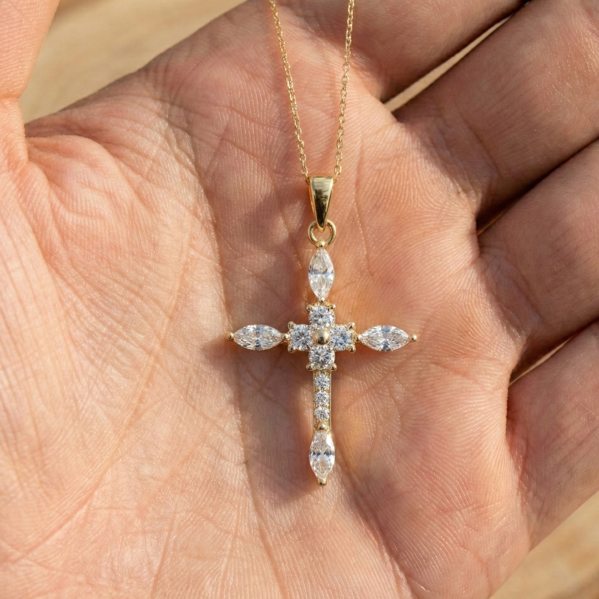 Floral Marquise Cluster Cross Pendant in 14k Solid Gold, 0.71 TCW Marquise/Round Cut Lab Diamonds ,Faith Pendant, Bridal Jewelry, Gift for Women