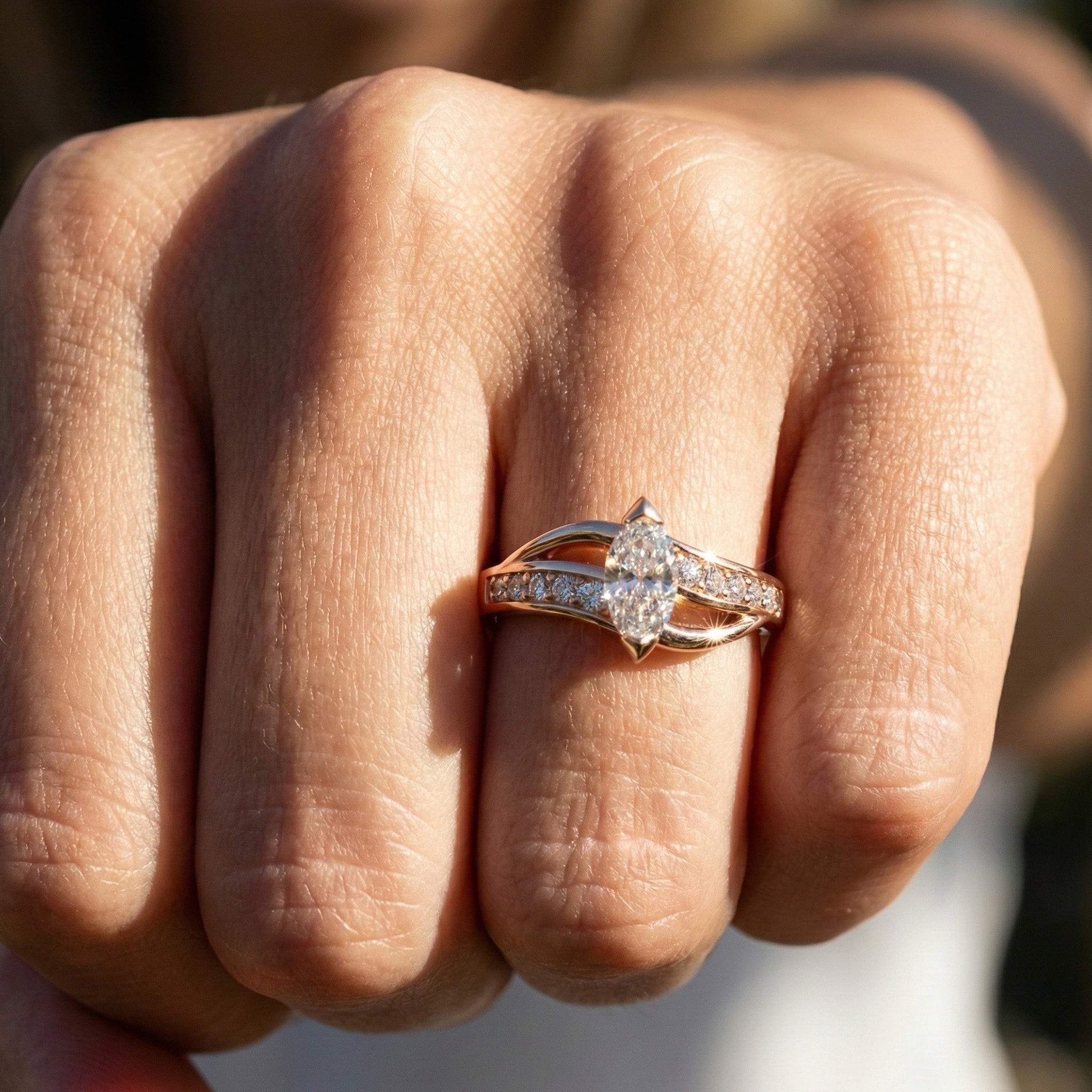 Marquise Split Shank Pave Engagement Ring in 14k Solid Gold, 0.43 TCW Marquise/Round Cut Sculpted Twist Unique Ring, Everyday Gift for Women