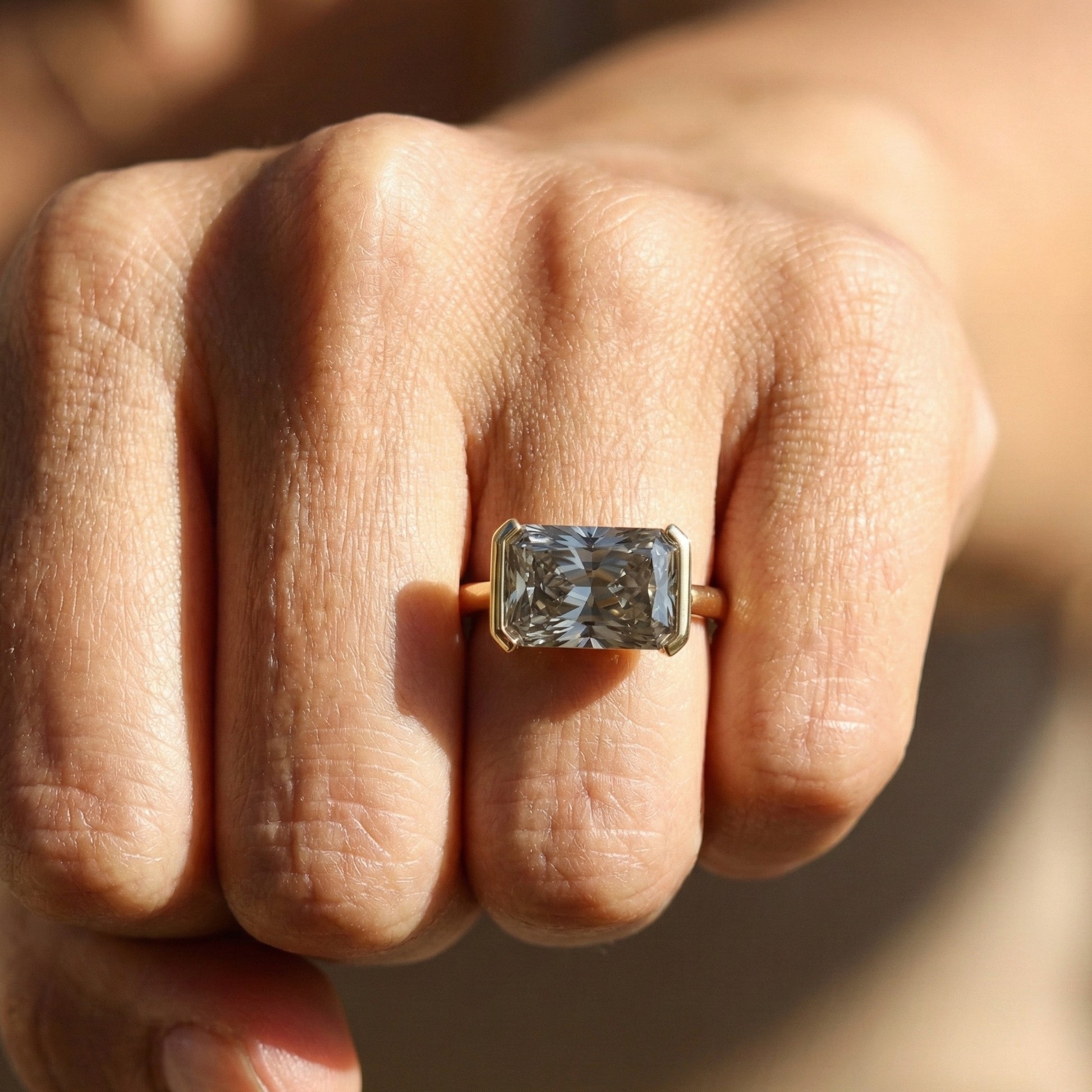 3.00 CT East West Gray Radiant Cut Half Bezel Solitaire Engagement Ring in Lab Diamond or Moissanite – 14k Solid Gold, Anniversary Gift for Her, Everyday Jewelry