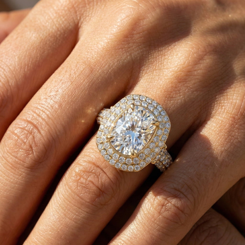 Elegant Double Halo Pave Engagement Ring in 14k Solid Gold, 1.75 CT Cushion Cut Lab Created Diamond, Anniversary Gift For Wife, Party Wear Jewelry